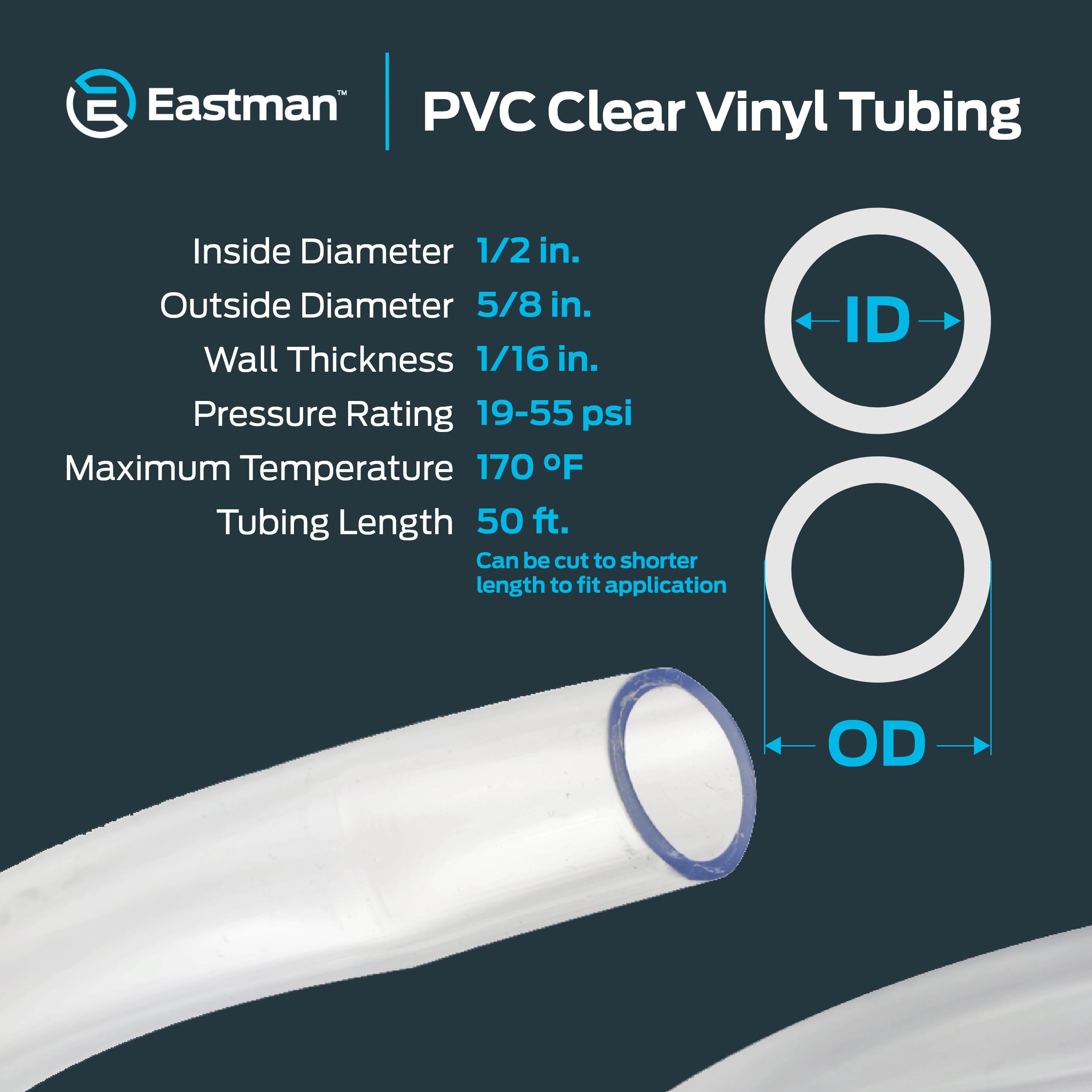 Eastman 98623 PVC-Vinylschlauch, 1,27 cm Innendurchmesser, 1,27 cm Außendurchmesser, transparent, 1,5 m Länge