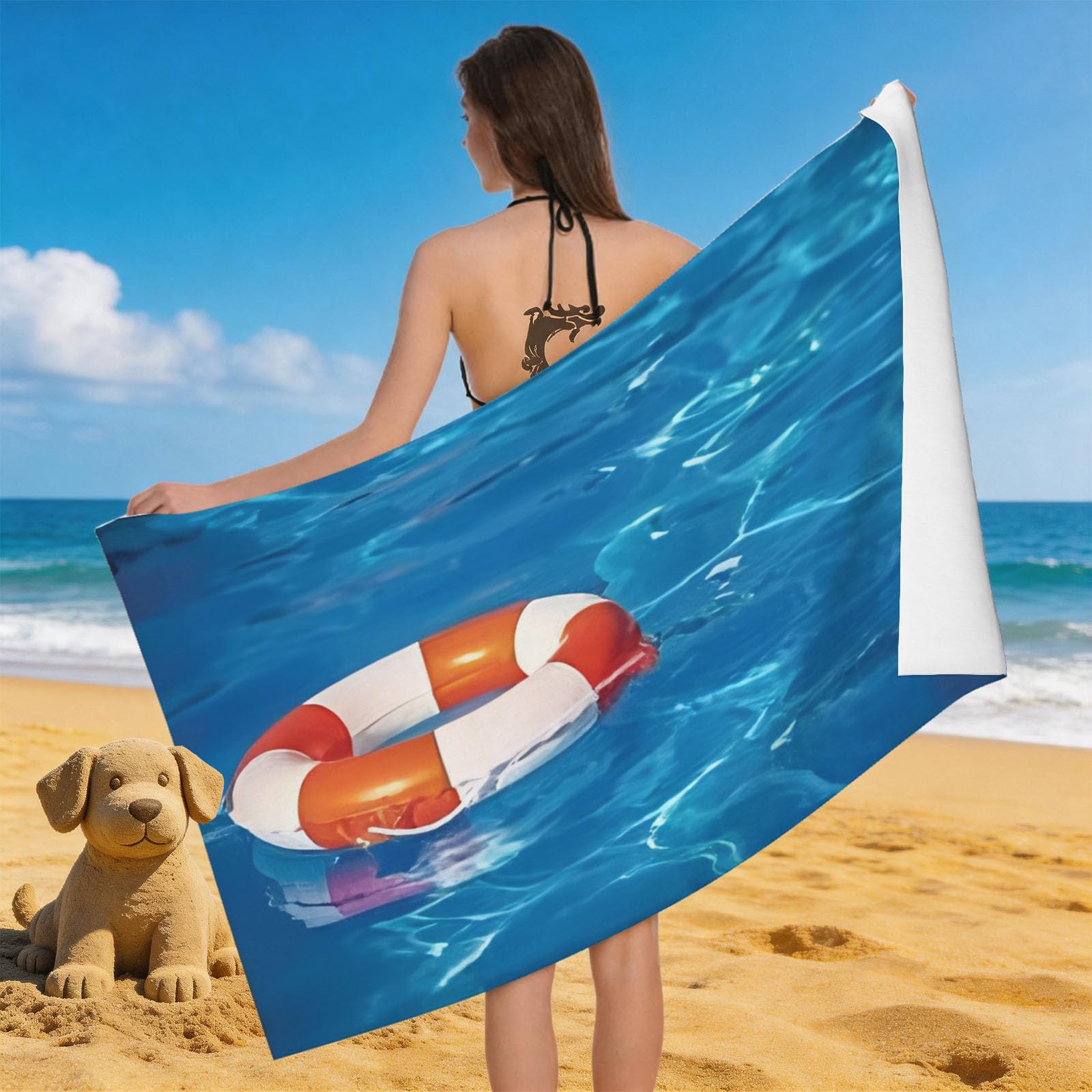 Leichong 3D Swimming Ring Beach Towel Microfiber Soft Quick Dry for Adults, Chic Bath Towel Lightweight Soft Absorbent for Travel Swimming Pool Sports, 75 x 150 cm