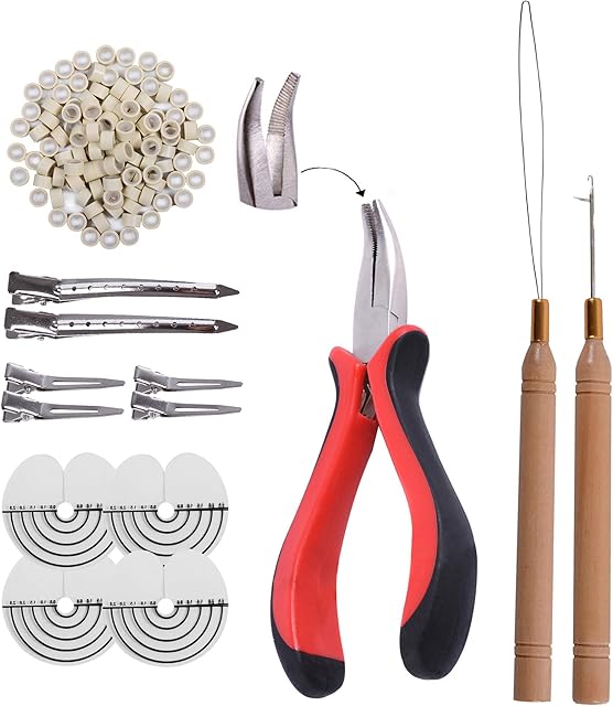 Hair Extensions Tools Kit: I-Tip Hair Pliers, Pulling Needle, Loop Threader and 200pcs 5.0mm Silicone Hair Extension Rings Beads Links (Blonde)