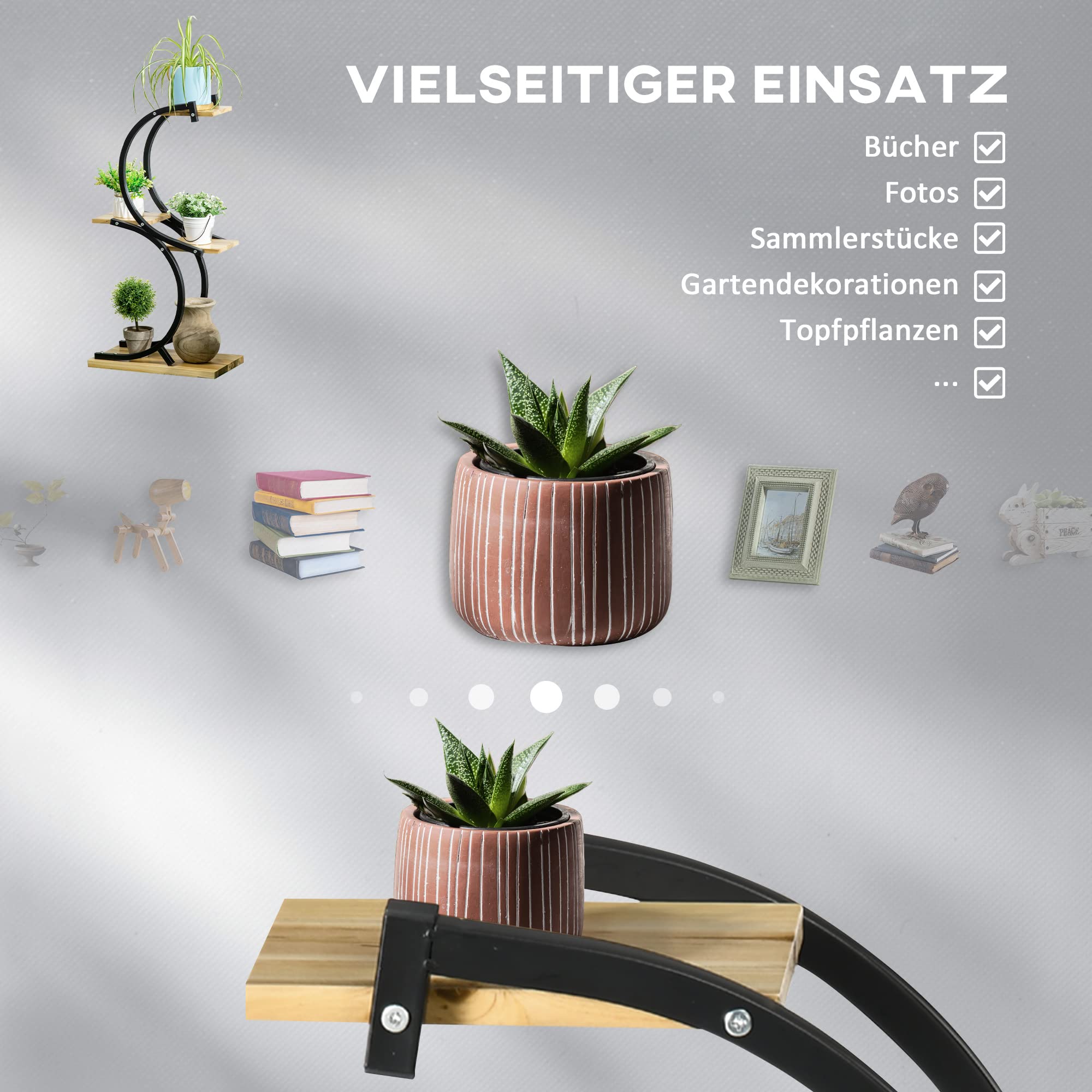 Outsunny 4-Etagen Pflanzenständer S-Förmig Blumenständer 91cm Schwarz | Pflanzenregal aus Metall Holz, Blumenregal, Blumentopfständer, Wohnzimmer, Garten, Balkon