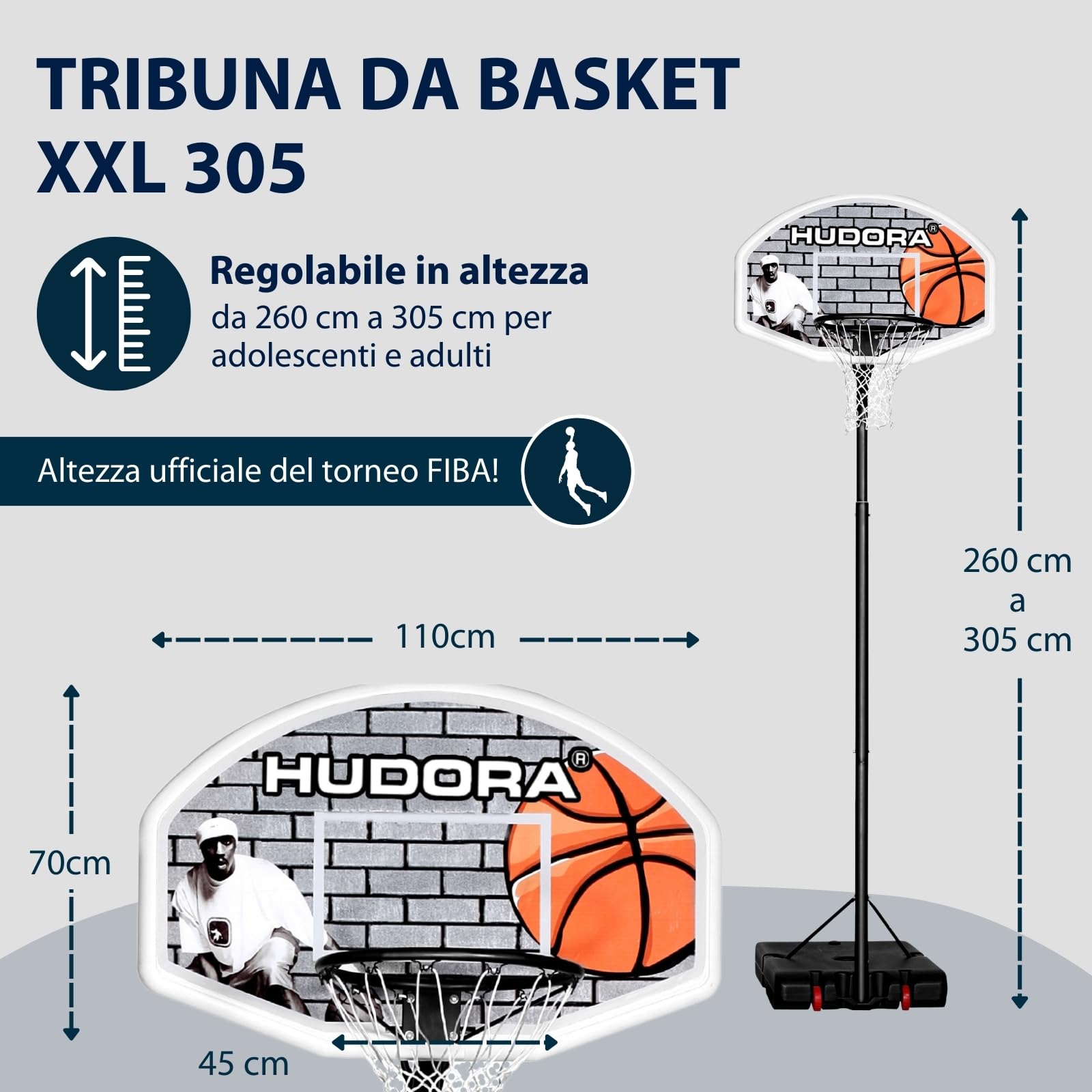 HUDORA Canestro da basket XXL - Canestro da basket regolabile da 260-305cm - Canestro da basket mobile da esterno per bambini/ragazzi e adulti - Canestro basket con supporto e ruote