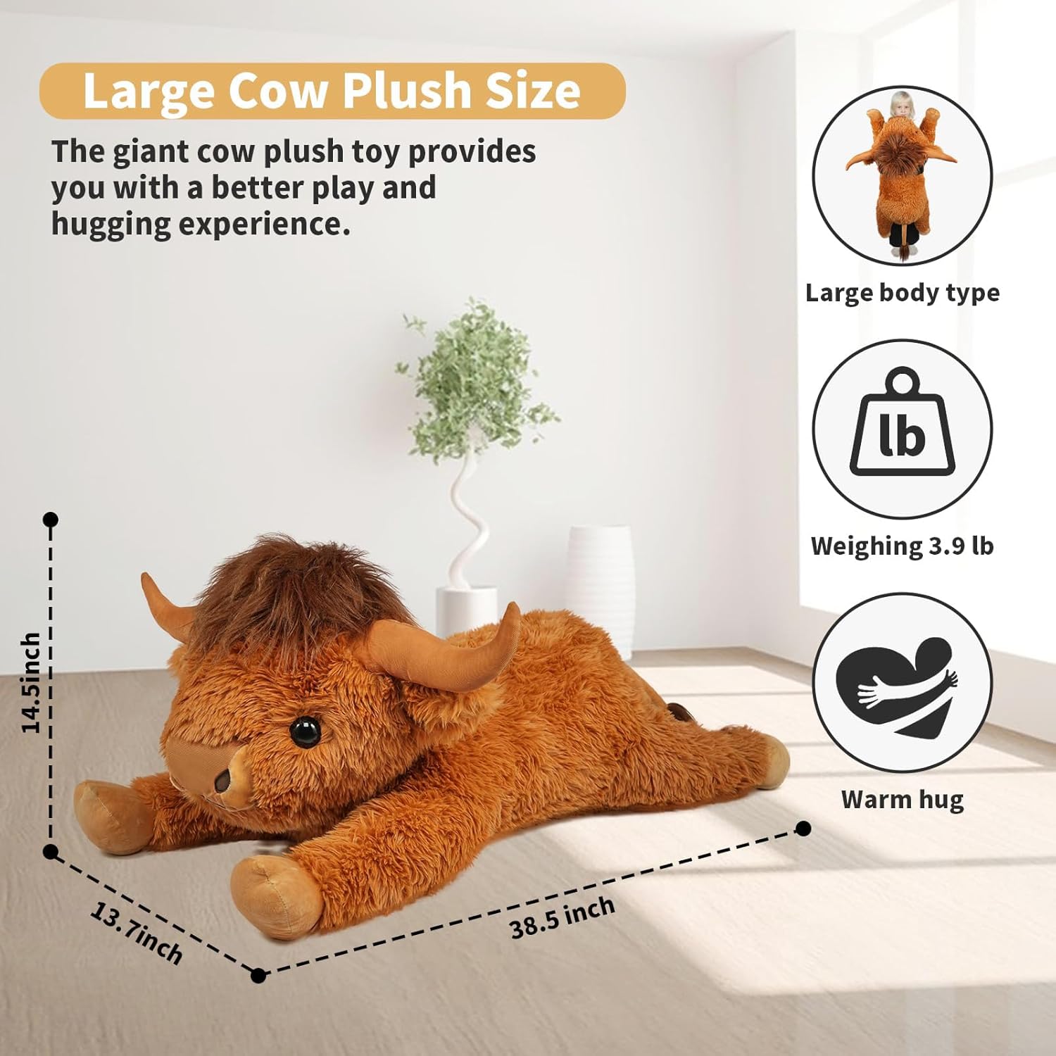 38.5 Inch Brown Giant Highland Cow Plush Stuffed Animal - Large Cow Pillow Gift for Kids and Adults, Couch & Bed Decor - Image 2