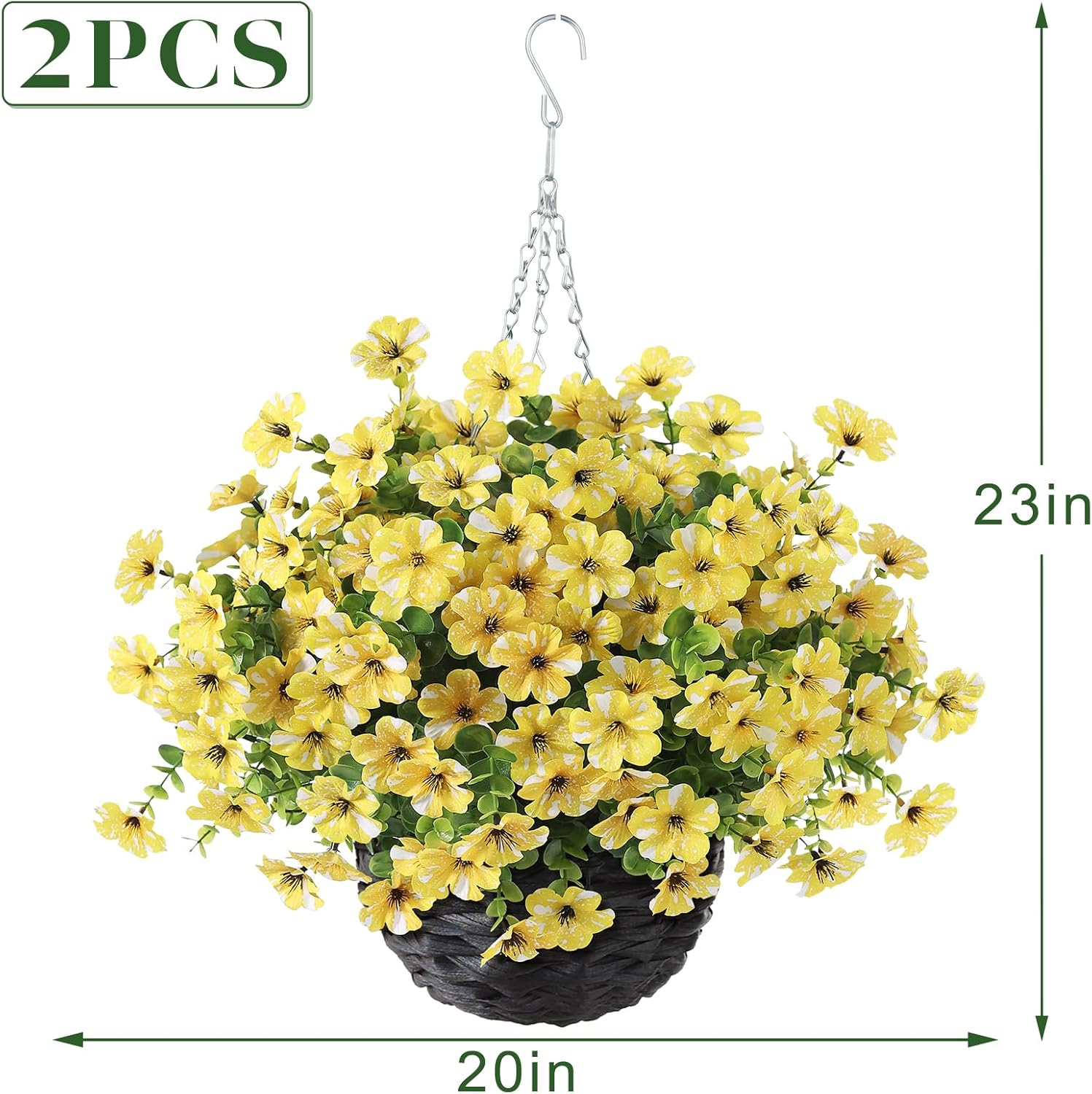 Artificial Flower & Eucalyptus with Hanging Basket - 2PCS Faux UV Sun Resistant Morning Glory in Planter, Fake Colorful Silk Flowers for Spring Summer Porch Patio Balcony Yard Decor (Yellow)