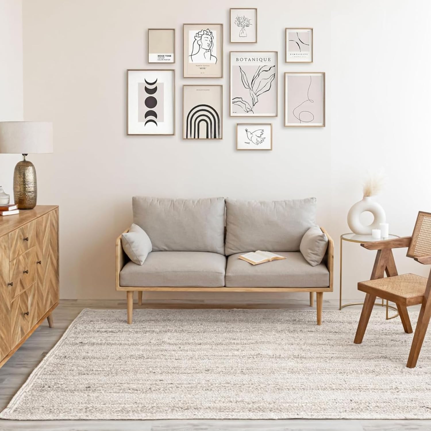 HOMEMONDE Handgewebter, geflochtener Jute-Teppich, wendbar, Naturfaser, Boho, Bauernhaus-Teppich für Wohnzimmer, Schlafzimmer und Eingangsbereich, 1,2 x 1,8 m, gebrochenes Weiß