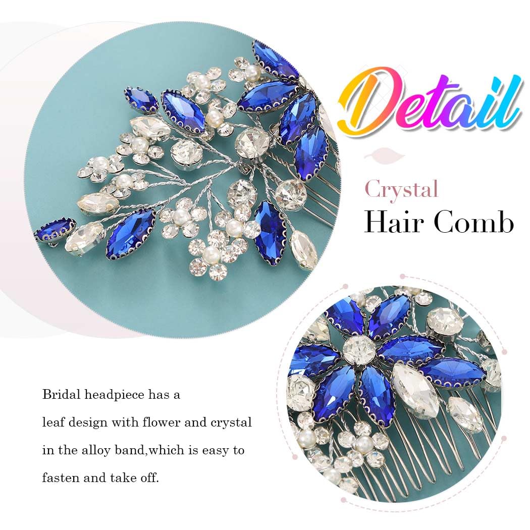 Catery Blue Rhinestone Bridal Hair Comb Crystal Wedding Hair Pieces Flower Silver Accessories for Brides and Women Pack of 1(Blue) - Image 6