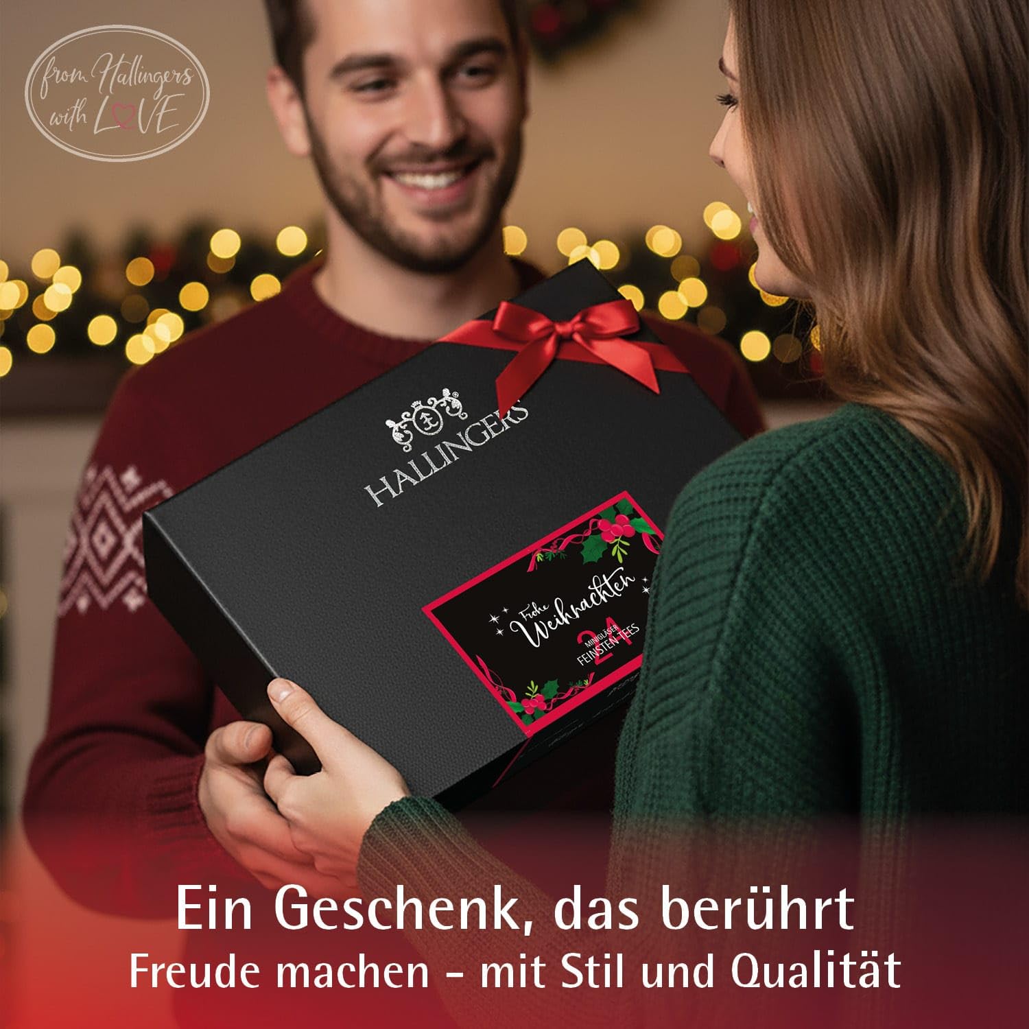 Hallingers Genuss Manufaktur Tee Weihnachts-Geschenk-Set - 24 Sorten premium loser Tee Probierset in edler Geschenkbox mit Rezept-Booklet "Frohe Weihnachten", Weihnachten für Frauen Männer