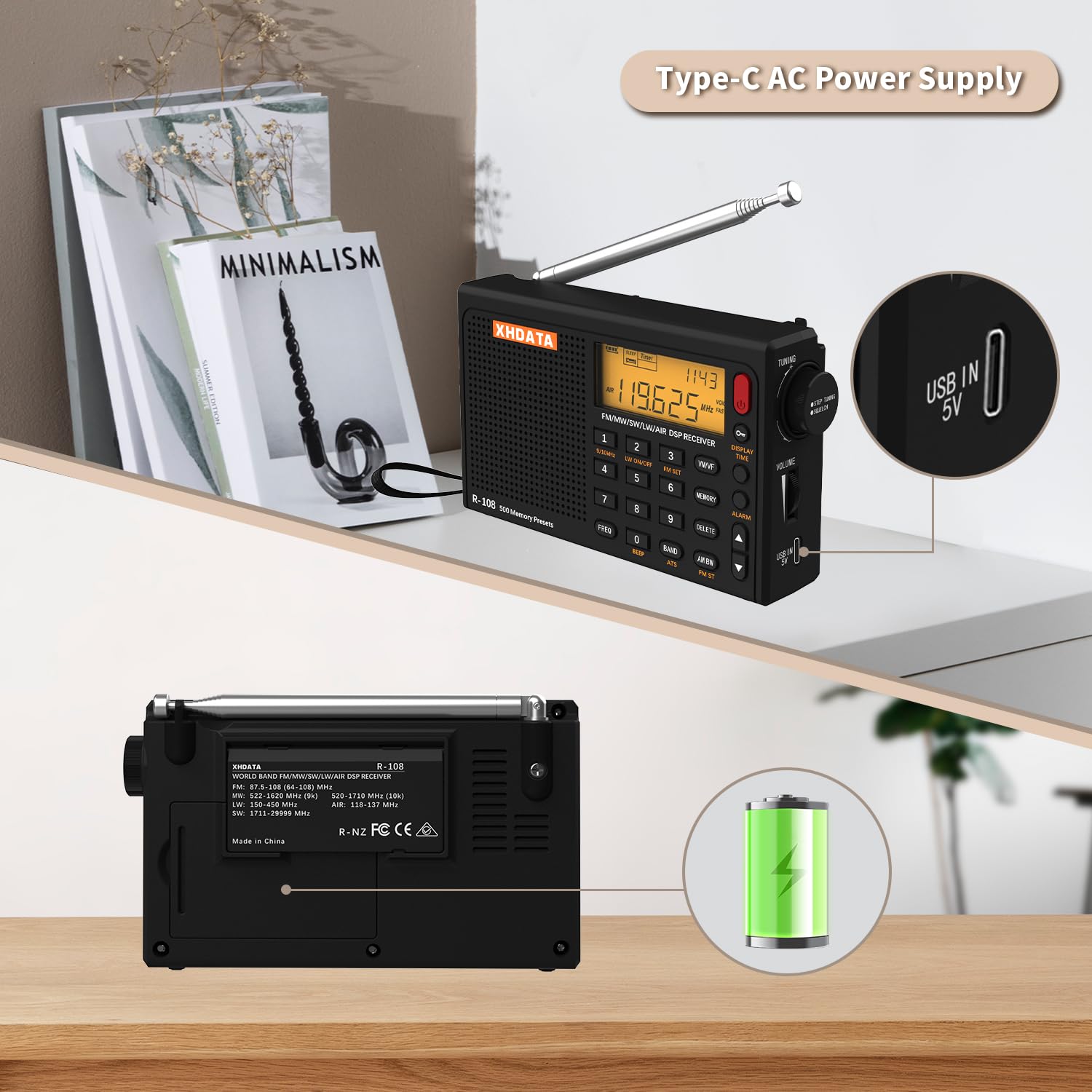 XHDATA R-108 Kleines Tragbare Radios Wiederaufladbares Batterieradio UKW FM AM SW Airband Radio weltempfänger digitalradio mit ATS-Stationsspeicher Sleep-Funktion (Schwarz)