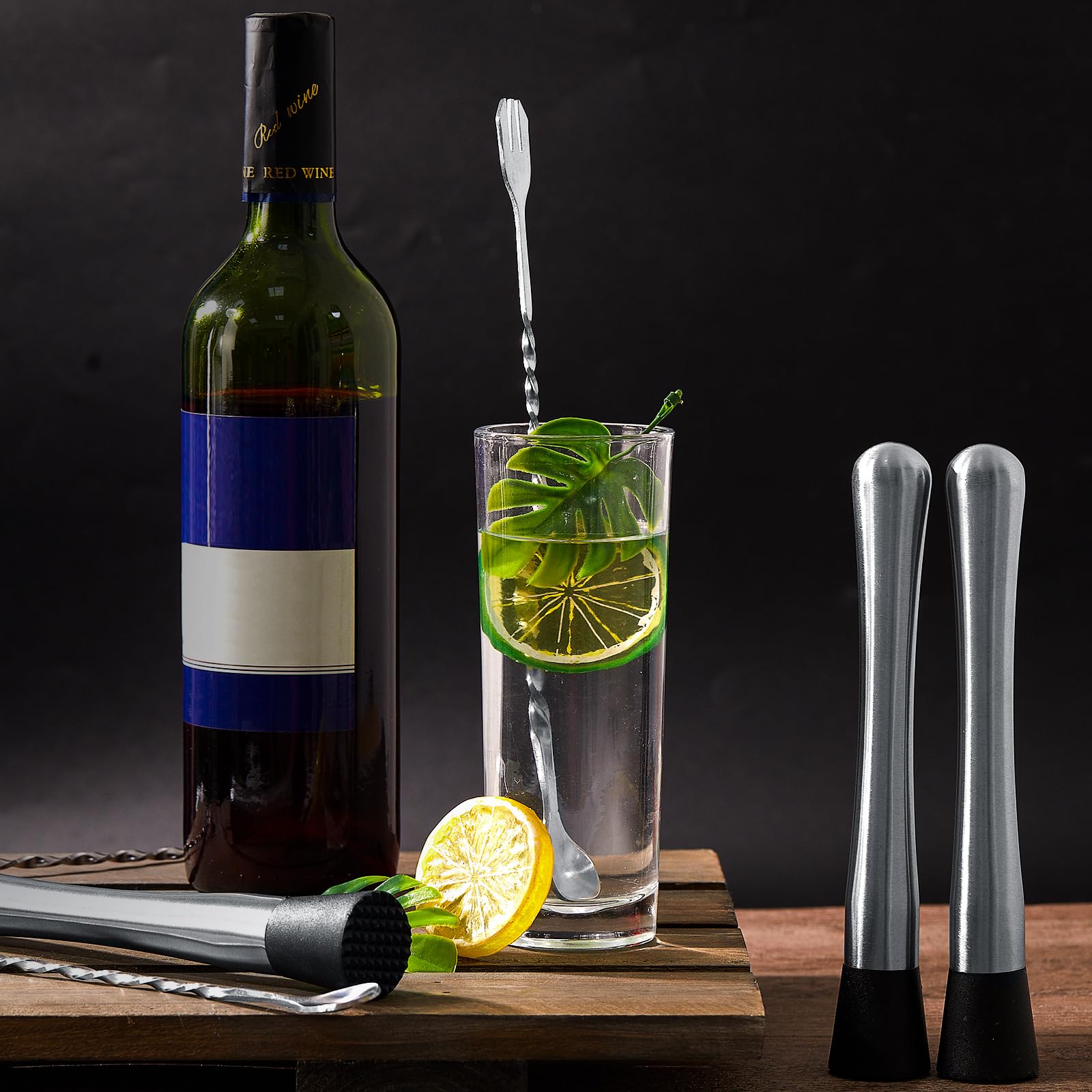 Domensi - Juego de 8 matones para cócteles, cucharas mezcladoras, maja de acero inoxidable de 20,3 cm y cuchara de bar de 25,4 cm, juego de accesorios para bar doméstico, agitadores de cócteles,