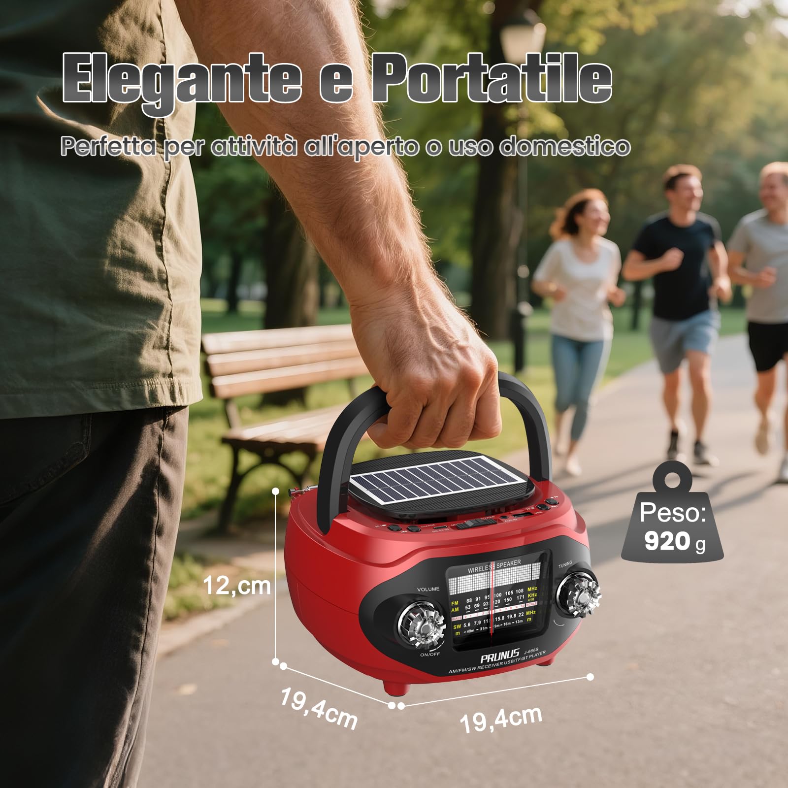 PRUNUS J-666S Radio Portatile Solare AM FM SW e Altoparlante Vintage Bluetooth 6.0 15W, Stereo e Bassi Ricchi, Ricaricabile via USB C, Supporta TF/USB/AUX, Ideale per Casa e Regalo (Rosso)