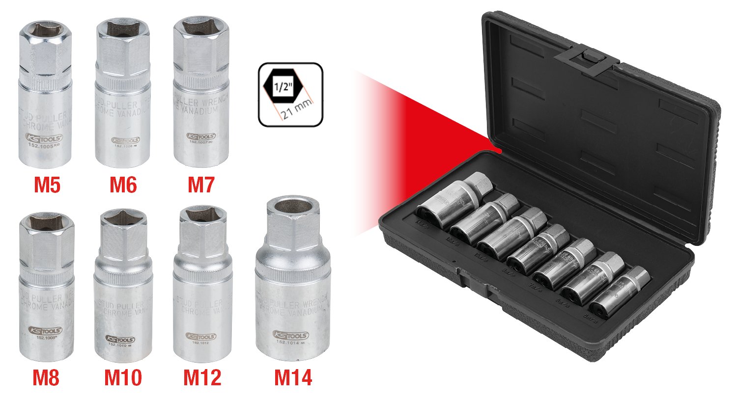 KS Tools 152.1101 1/2" Serie di Estrattori per Prigionieri, 7 Pezzi, Esecuzione a Rulli Eccentrici, per Filettatura Destra e Sinistra, in Astuccio in Plastica