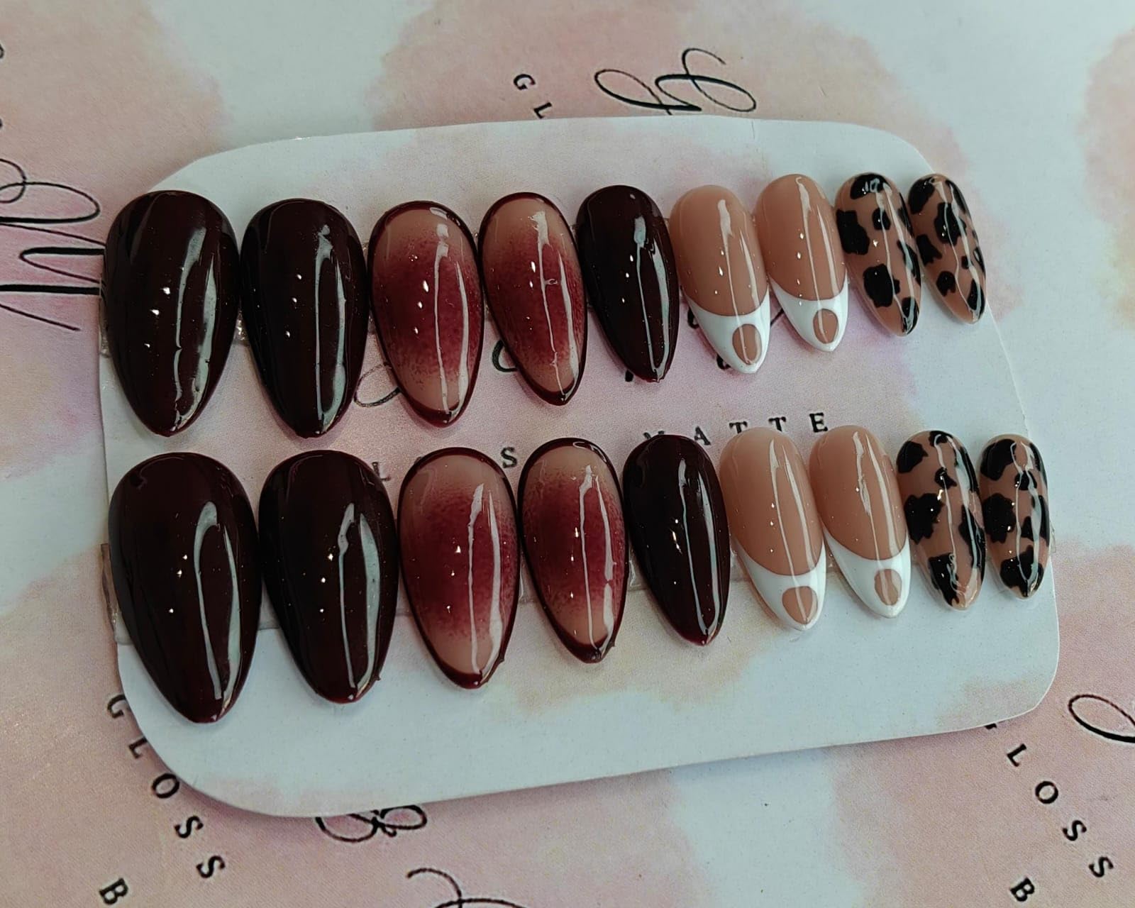 Gloss And Matte Press On Nails, Almond Shape, Brown Nude Black Leopard Print, Glossy and Matte Finish, 16 Pieces-image-33