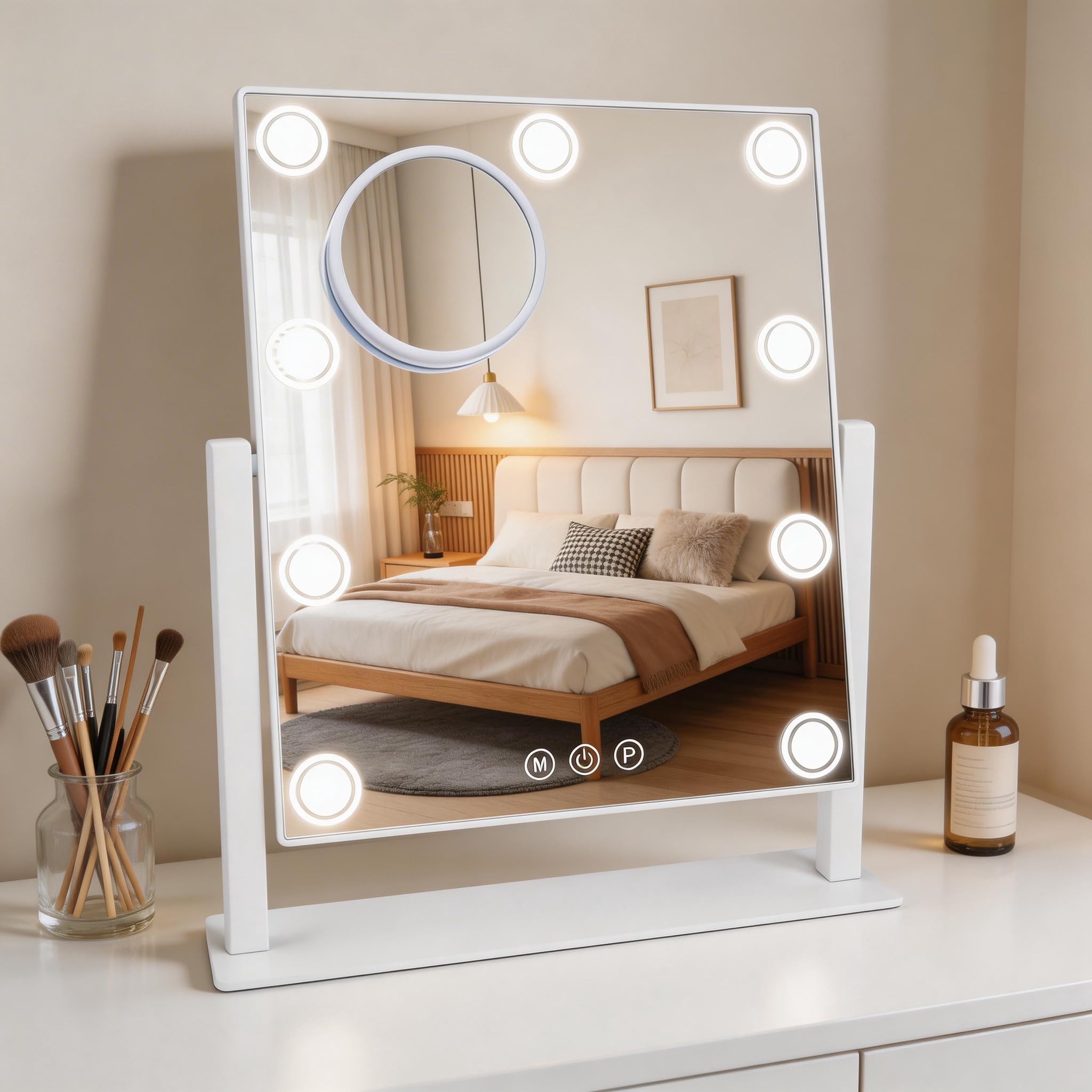 Miroir de maquillage éclairé, miroir de courtoisie Hollywood de 35,6 x 30,5 cm avec 9 ampoules LED, 3 lumières de couleur, miroir grossissant x10 amovible, rechargeable 1200 mAh, contrôle