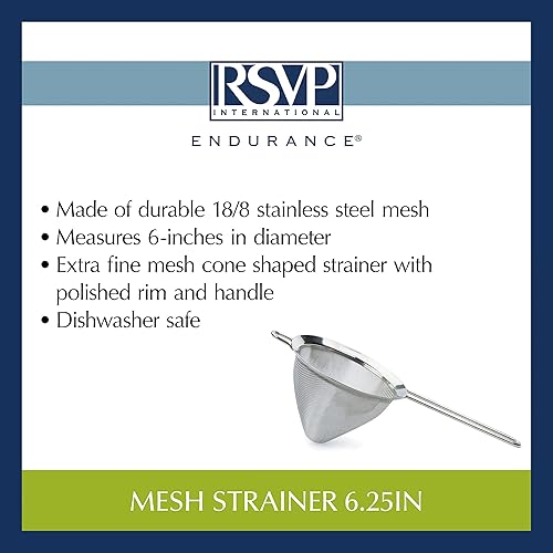Miniatura 9 de RSVP International Endurance Kitchen Collection, colador cónico de malla fina de acero inoxidable, multiusos para cocinar, hornear, té de hojas