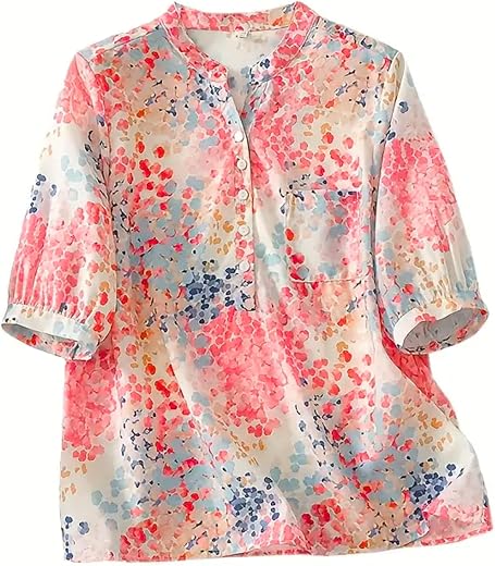 Gufrina Women's Blush Pink Abstract Printed Western Top with Mandarin Collar, Half Button Placket and Relaxed Fit Sleeves