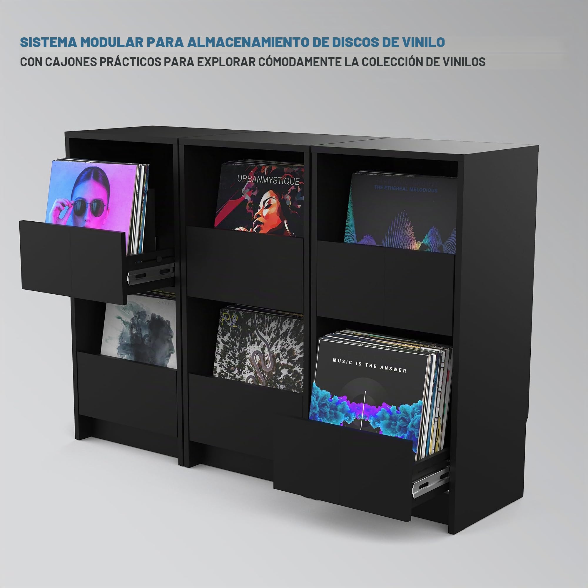 Glorious Vinyl Vault - Armario para Discos de Vinilo con cajones de Cierre Suave para LPs de 12 Pulgadas, Capacidad para 160 álbumes, diseño Modular, Color Negro