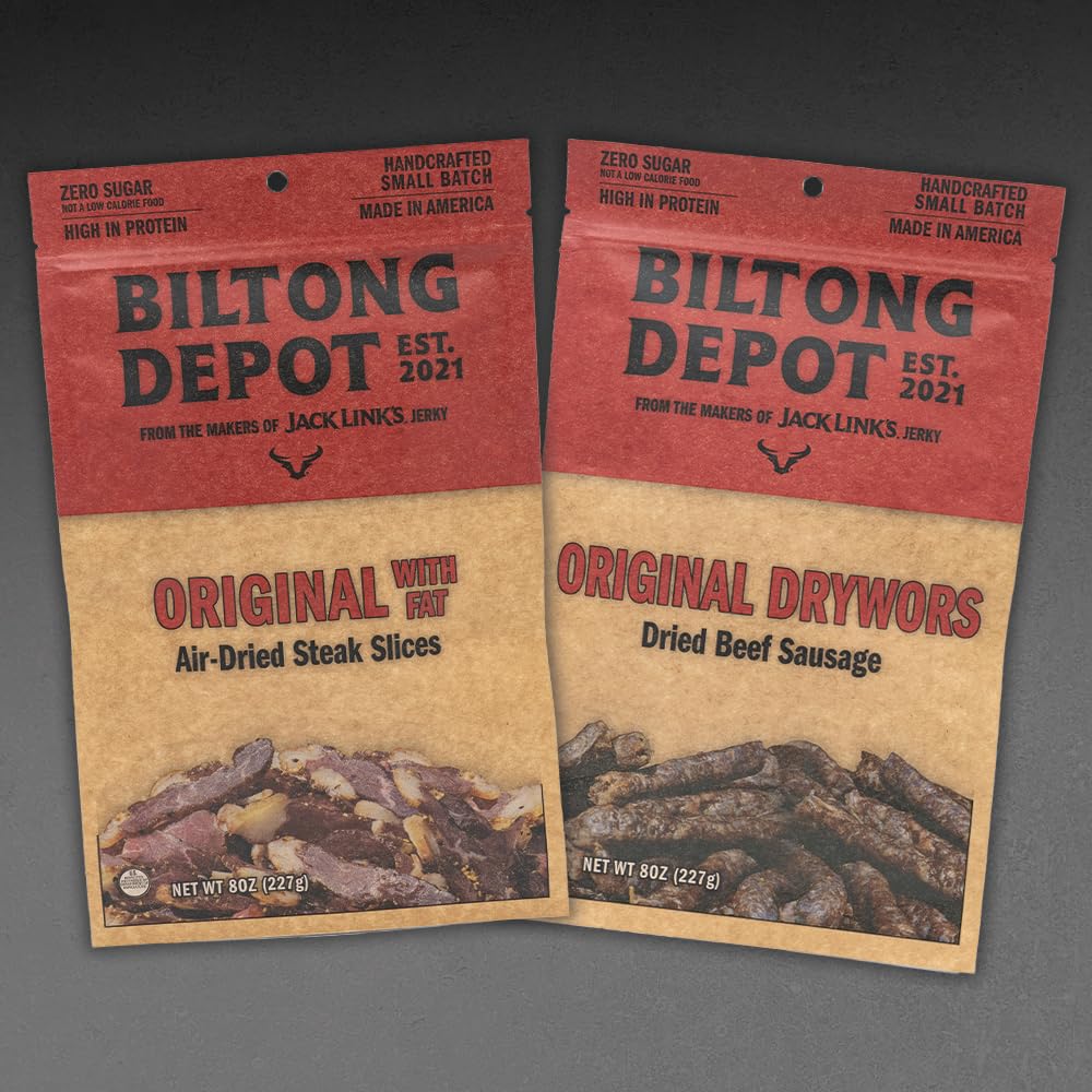 Biltong Depot Biltong + Drywors Bundle - 8oz (2 Pack) | Original Air-Dried Beef Slices with Fat & Snack Sticks | High Protein | Jerky Alternative | Zero Sugar | Keto & Paleo Friendly | Gluten Free | No Artificial Preservatives | No MSG