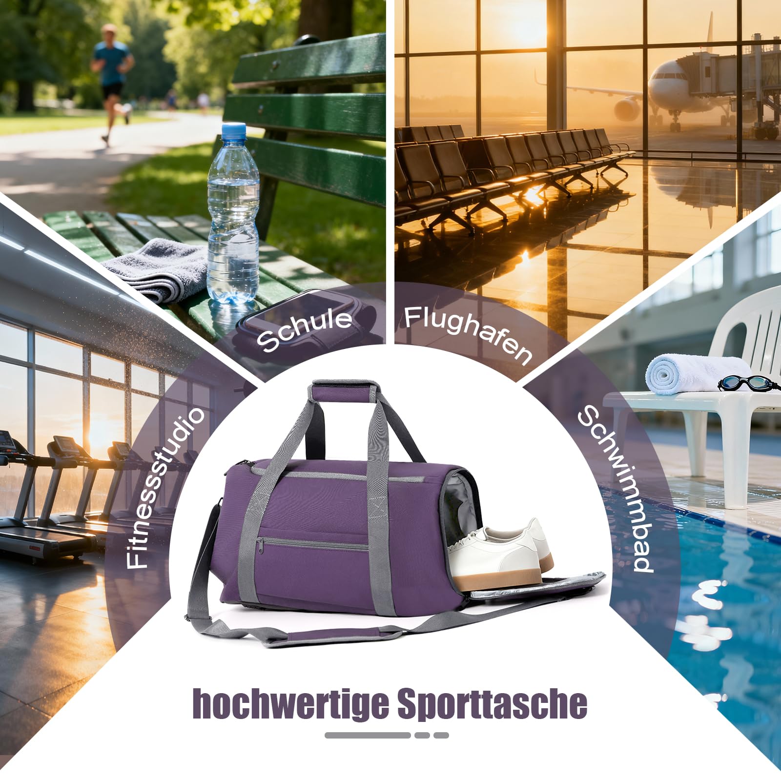 Zedelmaier Sporttasche Damen Herren Reisetasche Wasserabweisend Sporttasche mit Schuhfach Leichte Gym Bag Reisetasche Handgepäck 30L, Lila