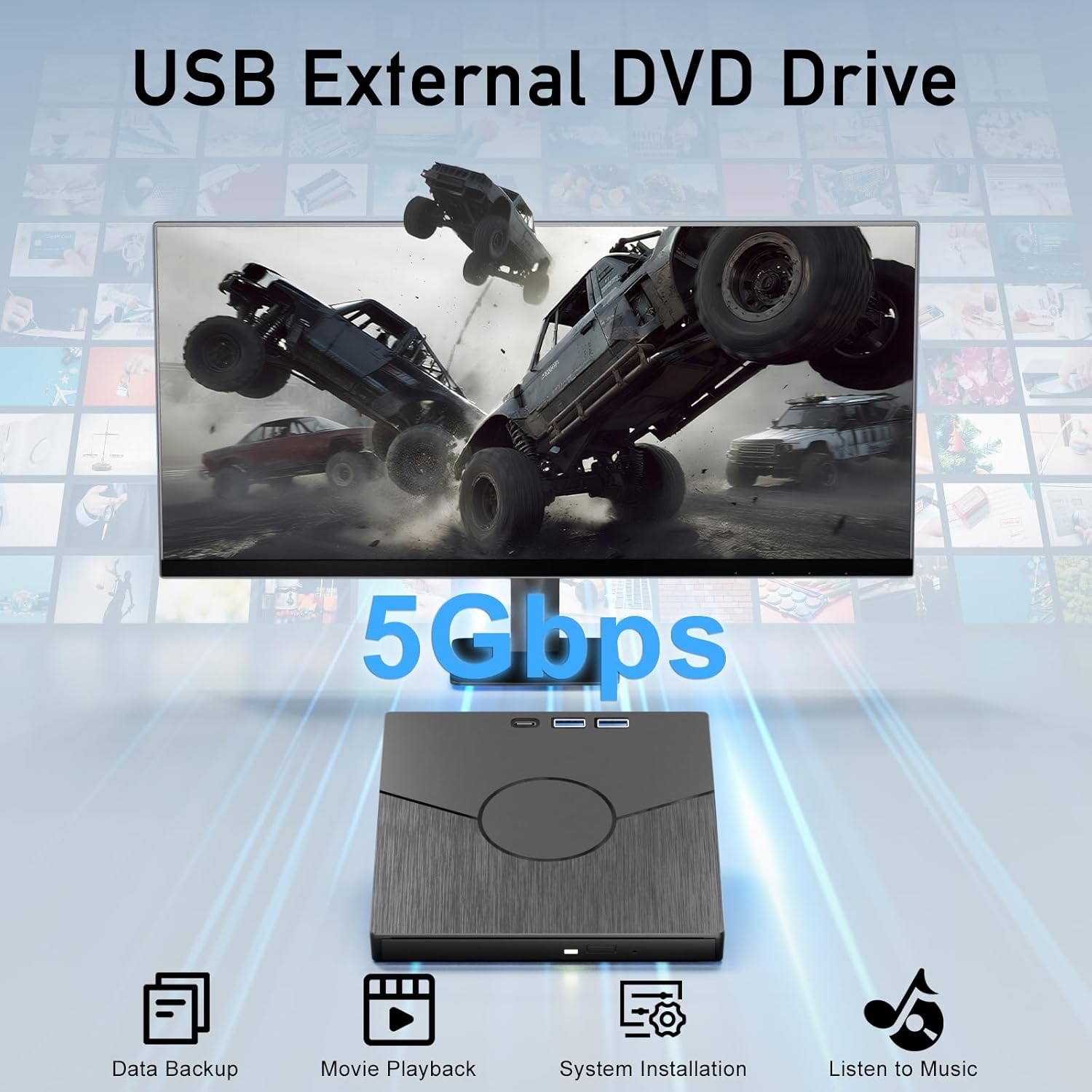 7 In 1 External CD Drive for Laptop, USB 3.0 & Type-C CD Rom External Drive for Laptop with Ethernet Interface, 3 USB and SD/TF Card, USB DVD Drive External CD Reader for Desktop/Windows/Linux/Mac OS