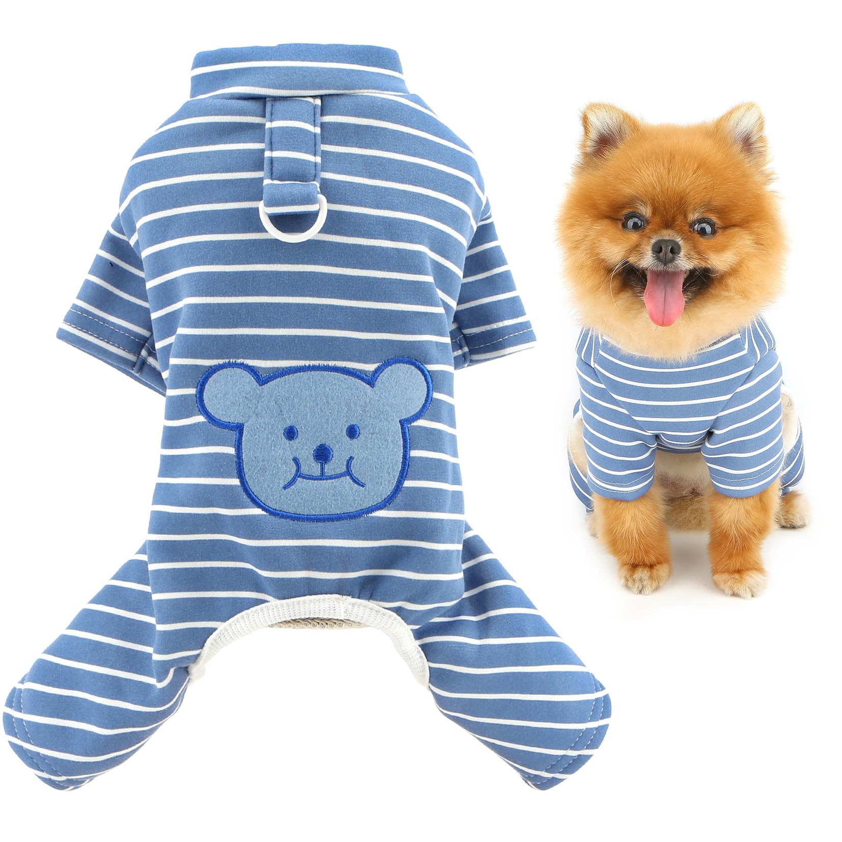 SMALLLEE_LUCKY_STORE Striped Fleece Lined Dog Pyjamas for Xsmall Small Dogs Warm Puppy Jumpsuit with D-Ring Cute Bear Four-Leg Pullover Pjs Cozy Winter Autumn Pajamas for Chihuahua Yorkie Blue L