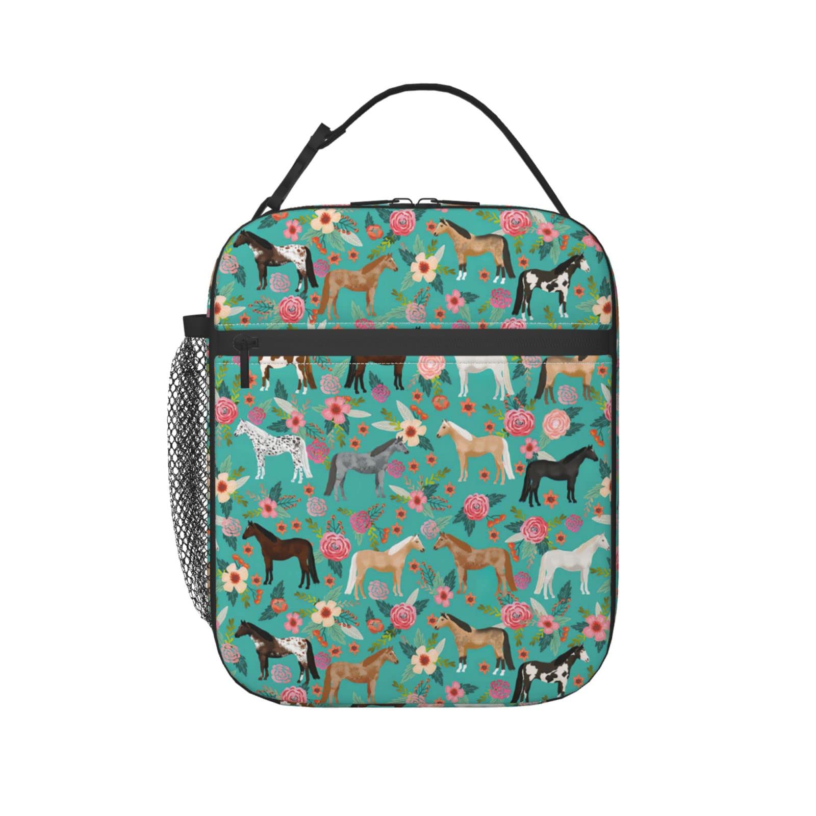 JASMODER Horse Floral Lunch Bag Insulated Water-Resistant Tote Bag Reusable Lunch Box For Picnic Travel