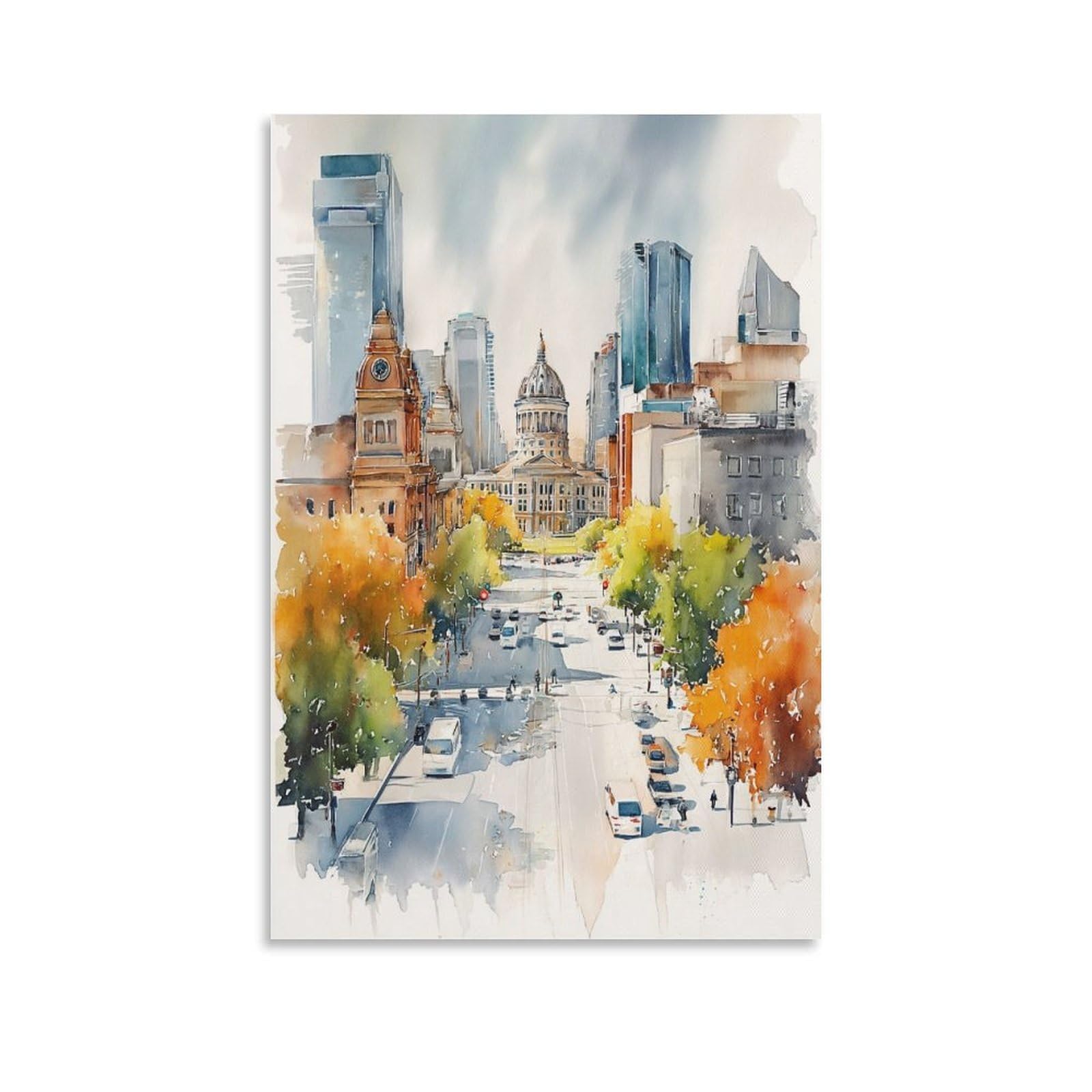 XWYMXZ Dallas Watercolor Print Texas Travel Posters 24x36inch(60x90cm) Vintage Watercolor Canvas Art