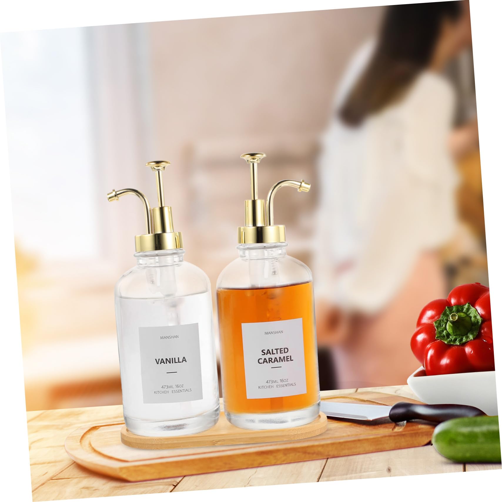 Dispenser Sciroppo in Vetro con Pompa con Etichette e Vassoio Trasparente per Sciroppo Lozione e Bevande Protezione da Impurità Design Compatto e Decorativo per