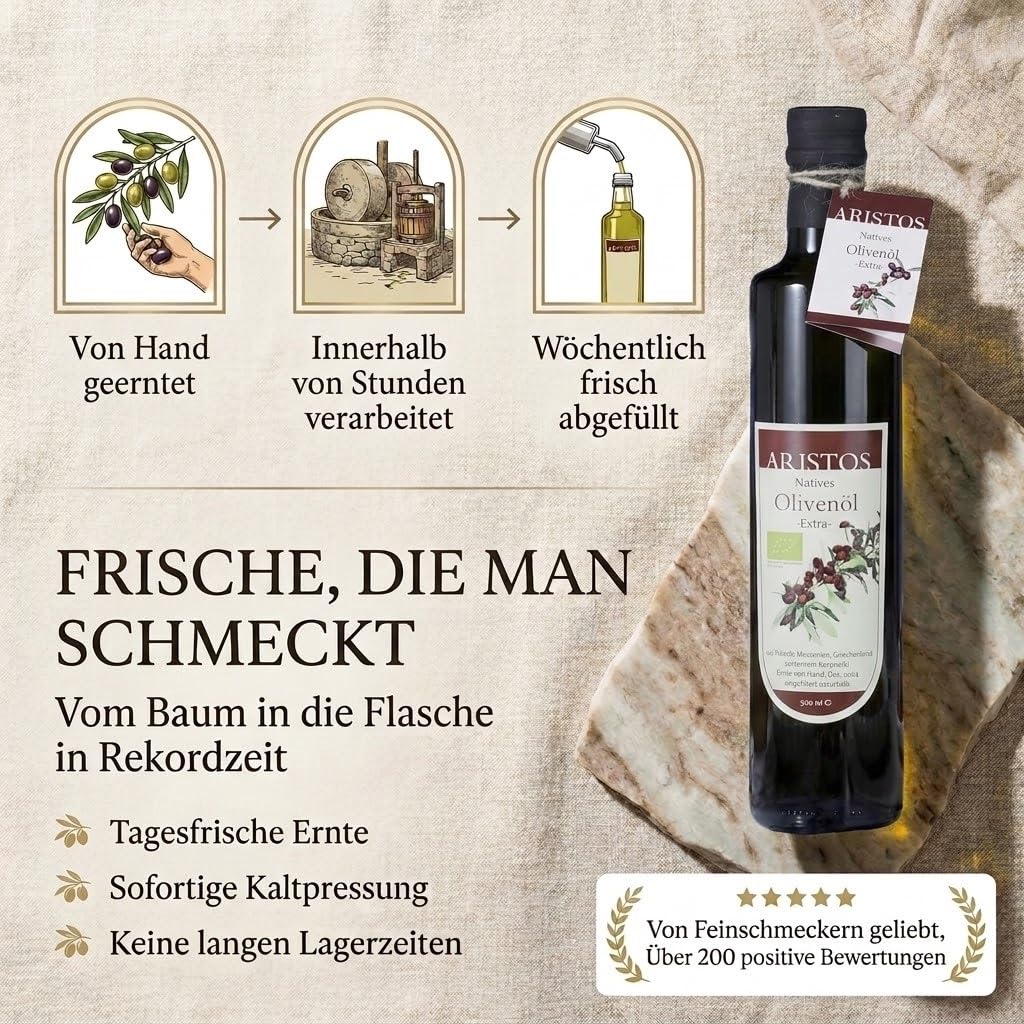 ARISTOS Bio-Olivenöl nativ extra, kaltgepresst – 3x 500 ml Koroneiki-Olivenöl naturtrüb, direkt vom Erzeuger - Premium-Qualität, handgeerntet, ungefiltert, vegan & nachhaltig - Griechenland (Messinia)
