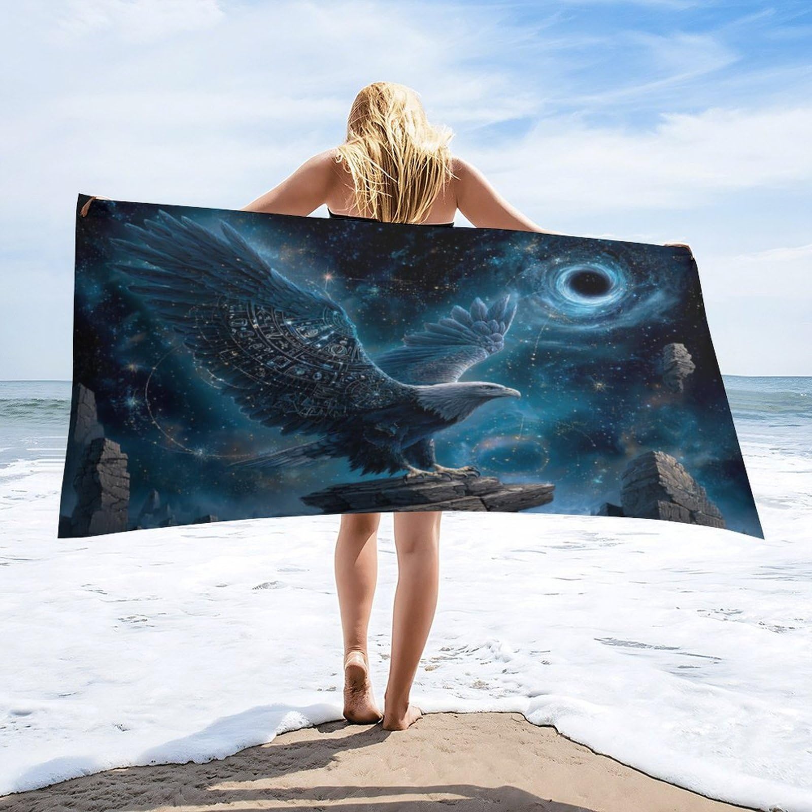 Luyysky Rustic Cool Bald Eagle Absorbent Beach Towel, Retro Watercolor Galaxy Outer Space Constellation Animal Bald Eagle Outdoor Single-Sided Velvet Beach Towel-80 W Cm X 160" L Cm