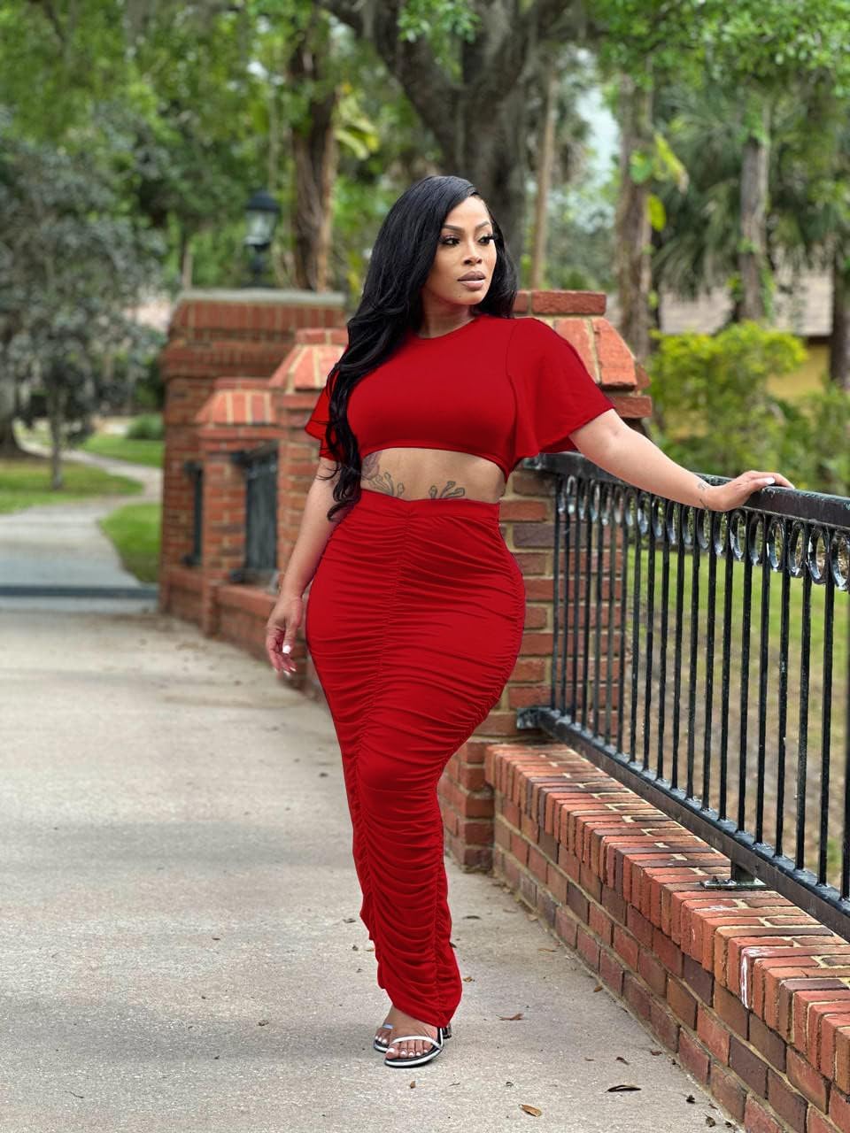 Women's 2 Piece Outfits Flare Sleeve Crop Tops Sexy Bodycon Jumpsuits Maxi Dresses Midi Ruched Skirt Sets - Image 4