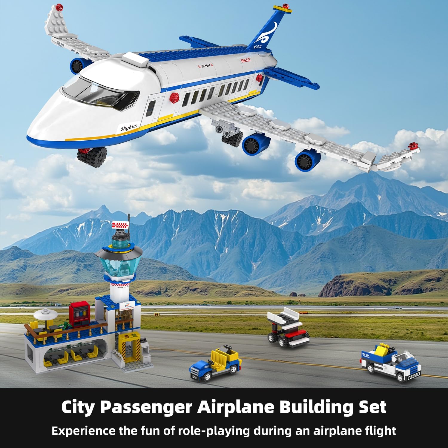 City Passenger Airplane Building Set, 886 Pcs STEM 6 in 1 Airport Passenger Plane Building Block Toy with Terminal, Shuttle Bus,Luggage Cart,Christmas Birthday Gifts for Boys Girls Ages 6-12+ - Image 2