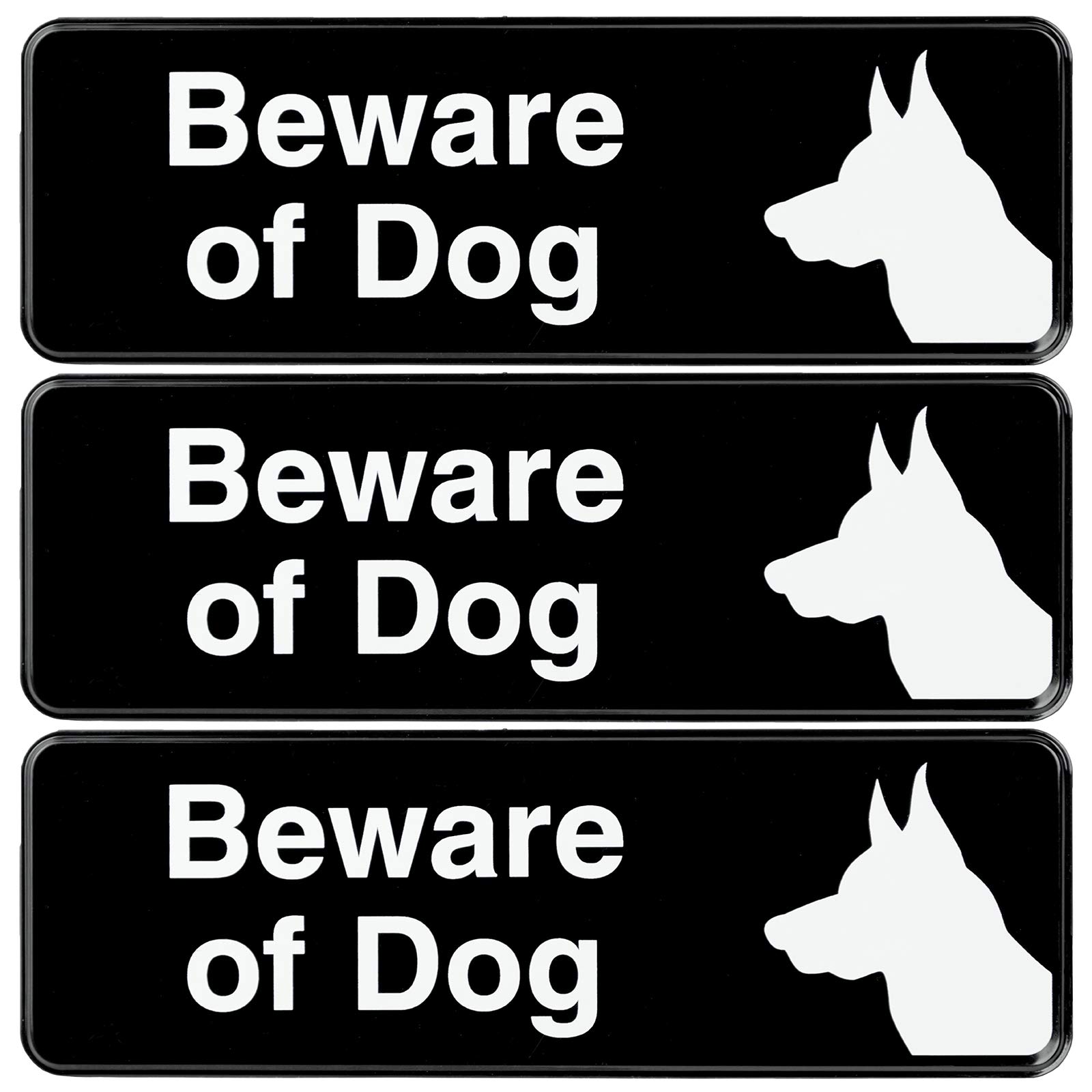 Beware of Dog Sign: Easy to Mount Informative Plastic Sign with Symbols 9"x3", Pack of 3 (Brown)