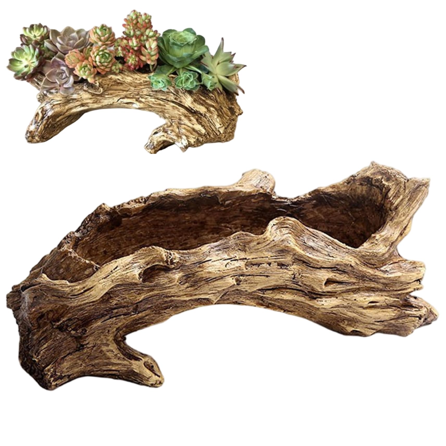 Latemeia Driftwood Planter, Irregular Resin Rustic Planter, Creative Imitation Wood Stump Pots for Herb, Flower, Strawberry, Small Plants, Décor de pelouse