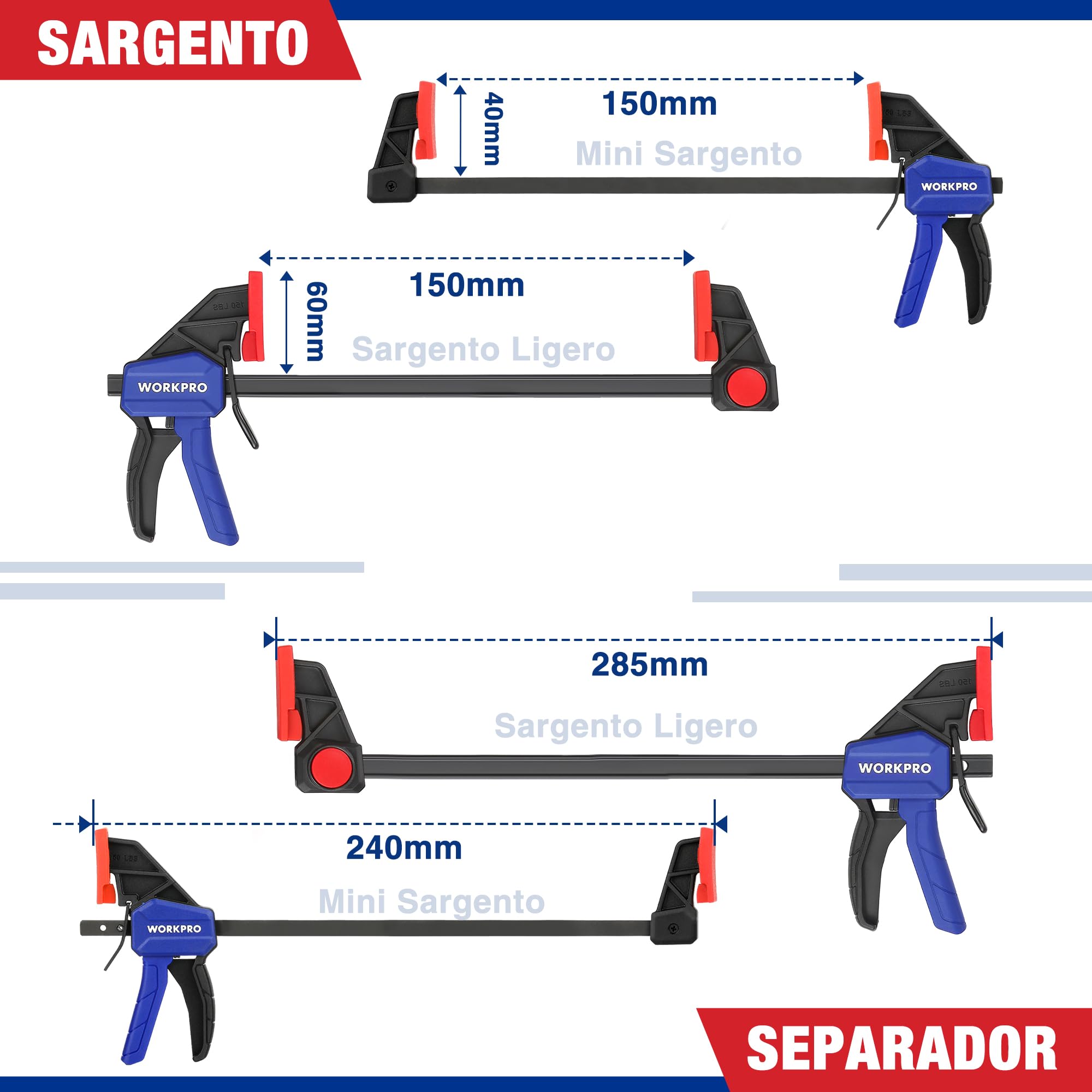WORKPRO - Juego de 6 abrazaderas de una mano, 150 mm, fuerza de sujeción, 22,5 kg/68 kg, envergadura 150 mm, 4 convencionales y 2 mini bridas para una fijación precisa y carpintería | Incluye 4 Sargentos Estándar y 2 Mini con Fuerza de Sujeción de 22,5kg