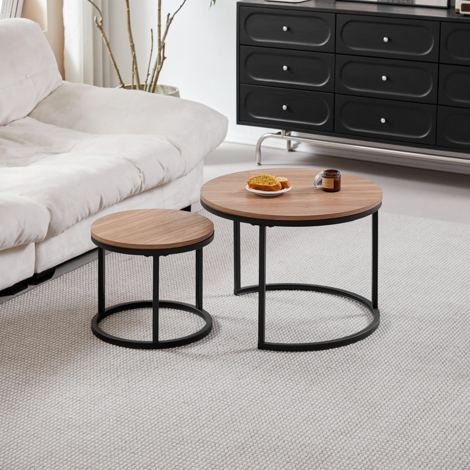 Set de 2 Tables Gigognes Rondes, Tables Basses, Grande : 60 x 60 x 45 cm ; Petite : 40 x 40 x 35 cm, Marron Foncé