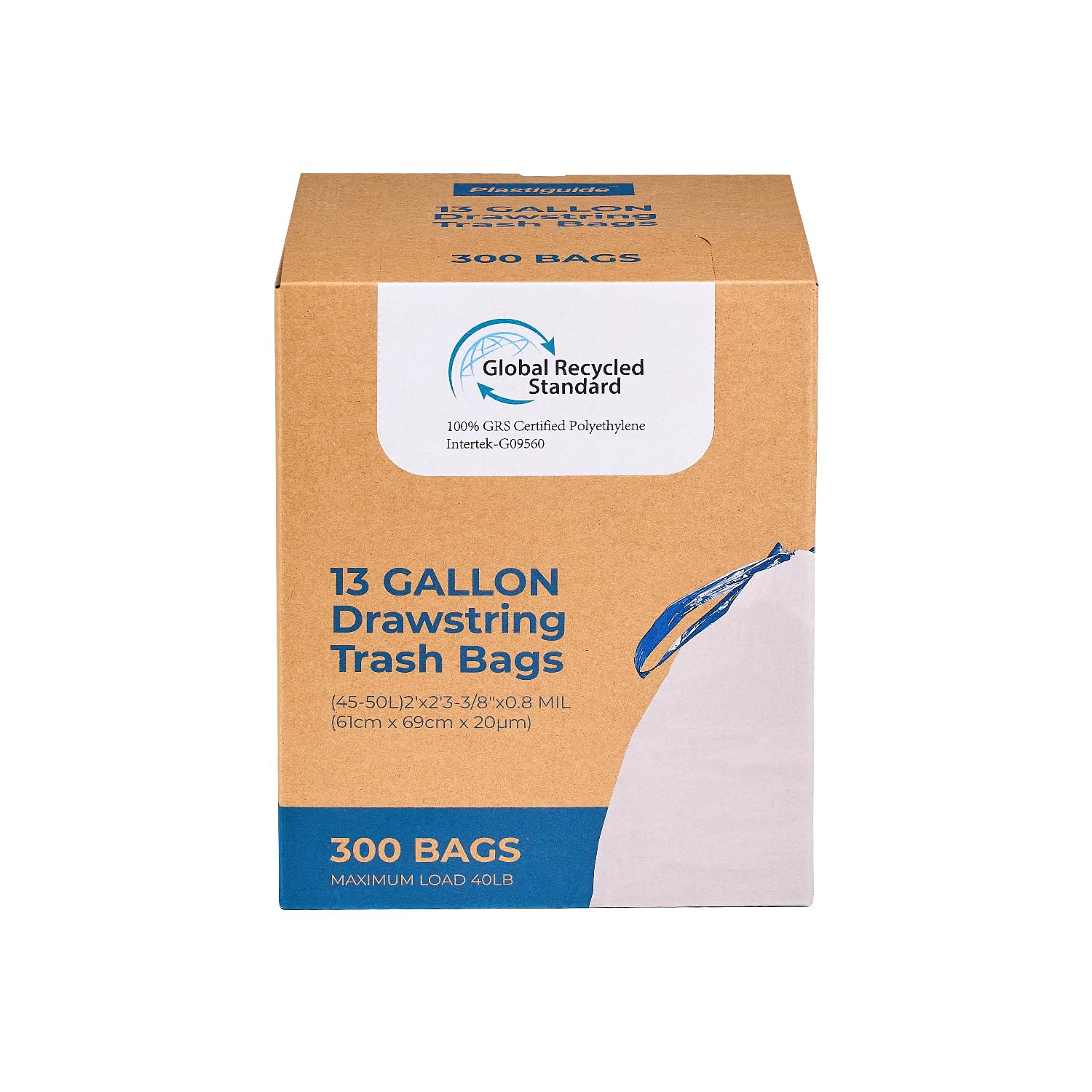 Plastiguide 300 Count Tall Kitchen Drawstring Trash Bags, 13 Gallon, 100% Post-Consumer Recycled, Commercial Garbage Bags, GRS Compliant, Unscented, White