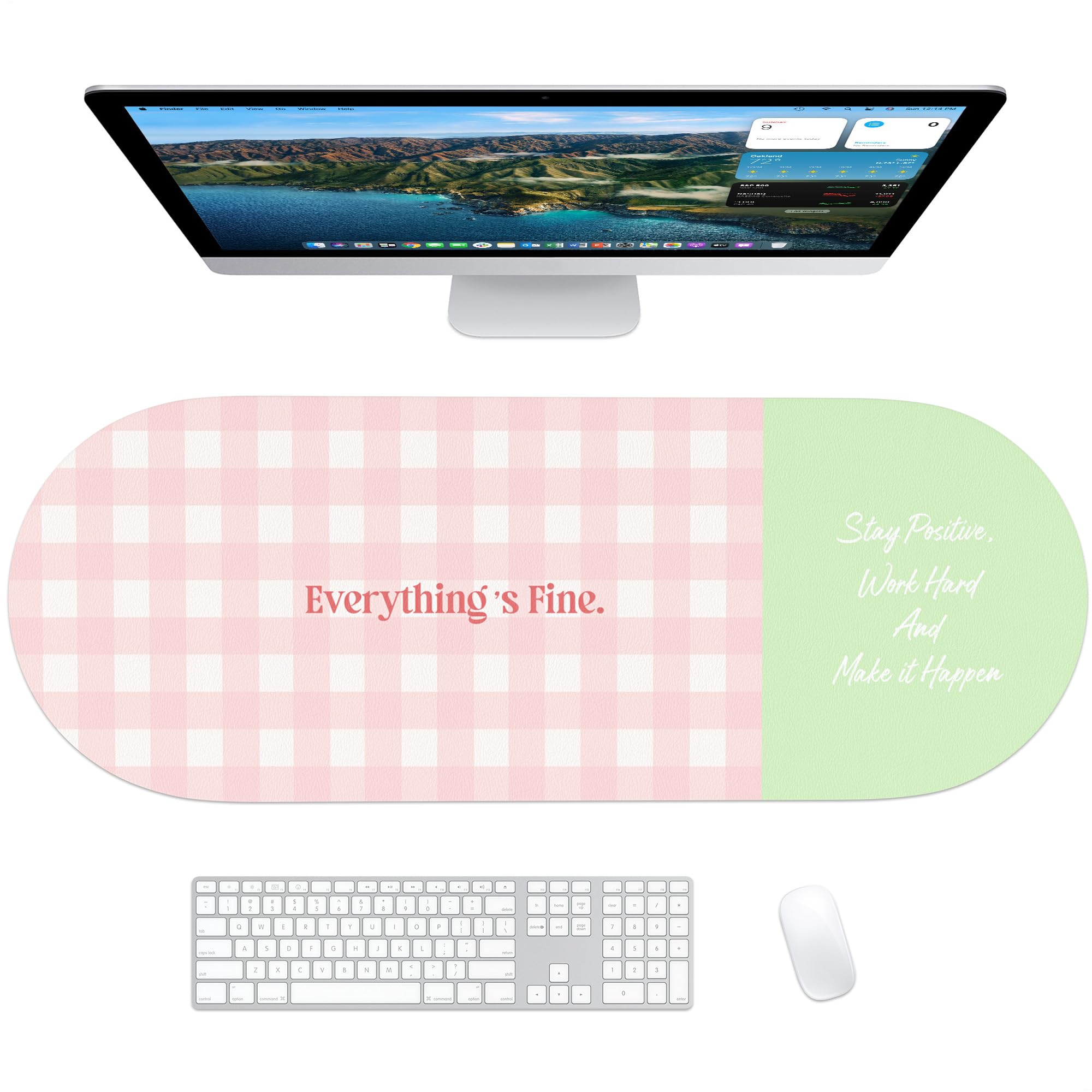 Tappetino da scrivania a scacchi, 90,2 x 33 cm, in pelle ecologica in poliuretano, con citazione "Everything is Bene", antiscivolo, per computer e toeletta, rosa e verde