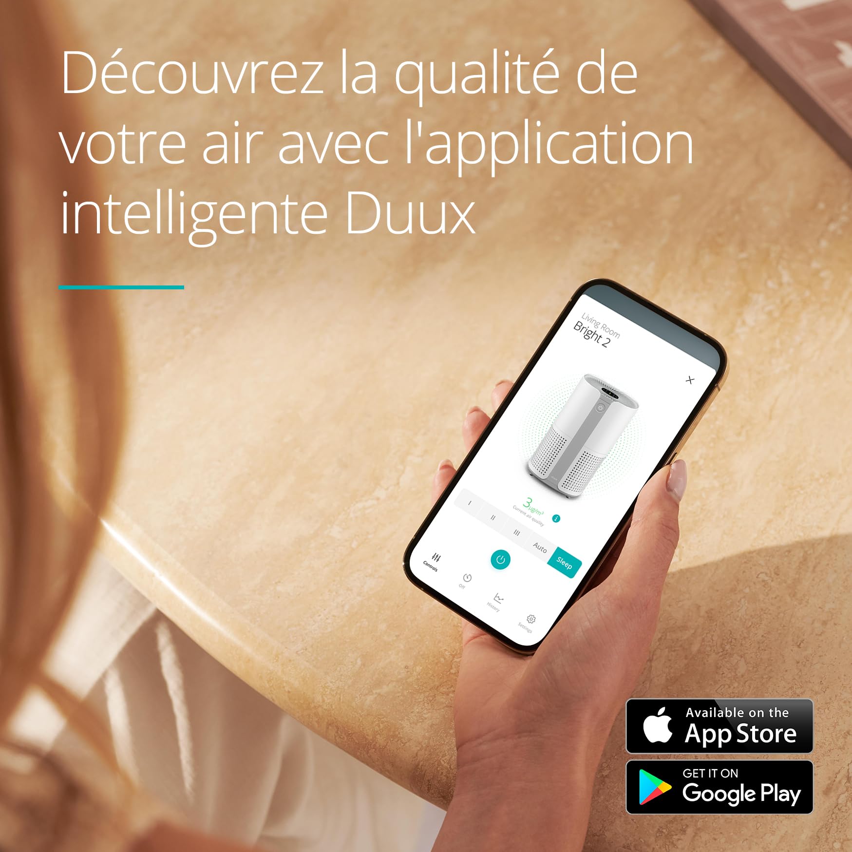 Duux Bright 2 Purificateur d'air intelligent - Purificateur d'air avec 210 CADR, indicateur de qualité de l'air et ioniseur - Nettoie jusqu'à 99,97% de la pollution jusqu'à 42m² - Blanc