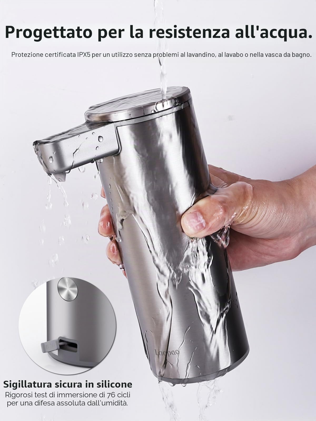 Dispenser Sapone Automatico Acciaio Inossidabile: 3 Modalità Rapido Sensore | Pompa Anti-Otturazione, Sistema Antigoccia, Impermeabile, USB Ricaricabile, per Bagno Cucina Lavaggio Mani e Stoviglie