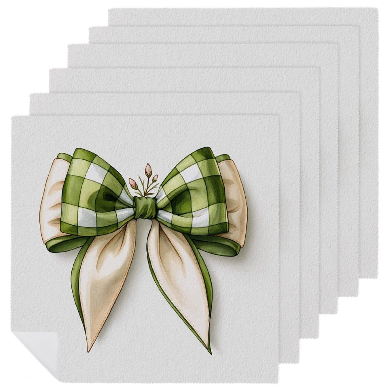 Double-layer Christmas Bow Green Checkered Cloth Napkins Set of 6, Square Premium Reusable Washable Polyester Table Linen Napkin for Dinner Party