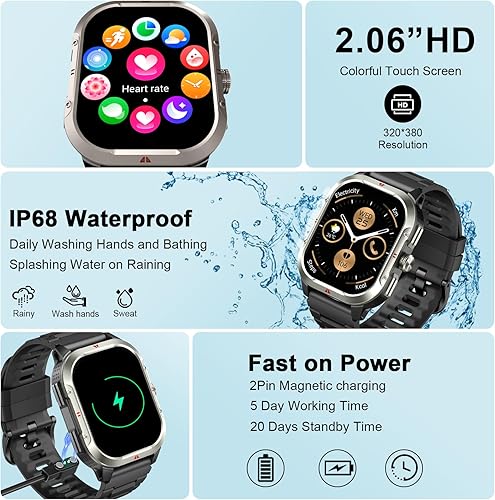 Miniatura 4 de Reloj inteligente para hombres y mujeres, GPS, militar de 2.06 pulgadas, rastreador de actividad con llamadas Bluetooth, reloj inteligente, contador