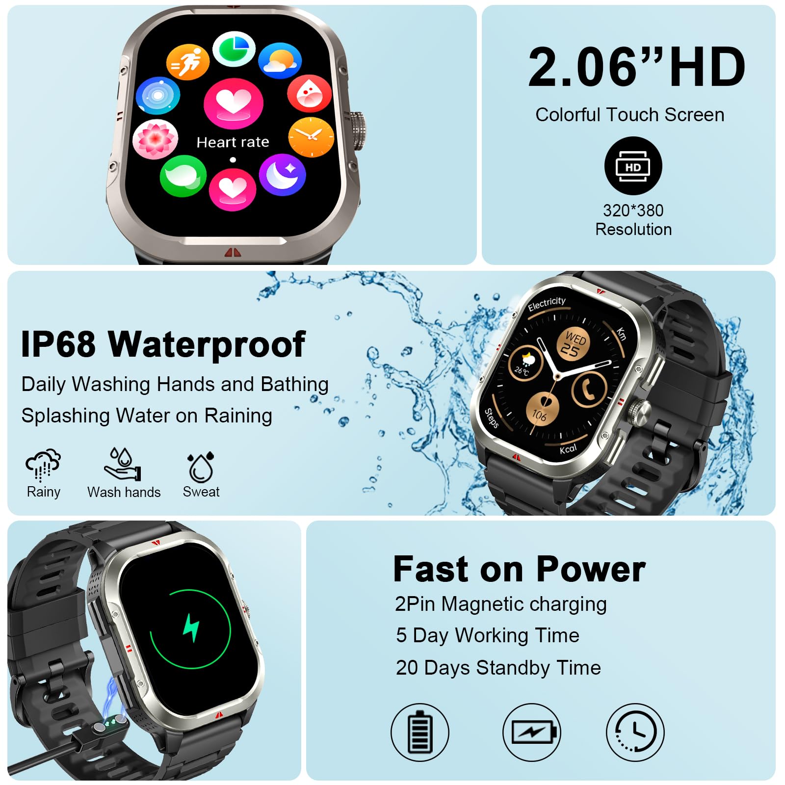 GPS Smartwatch Uomo Donna, 2.06" HD Orologio Smartwatch con Chiamate Bluetooth, Cardiofrequenzimetroi/Sonno/SpO2/Contapass, 100+ Sportive Smart Watch, IP68 Impermeabil Fitness Tracker per iOS Android