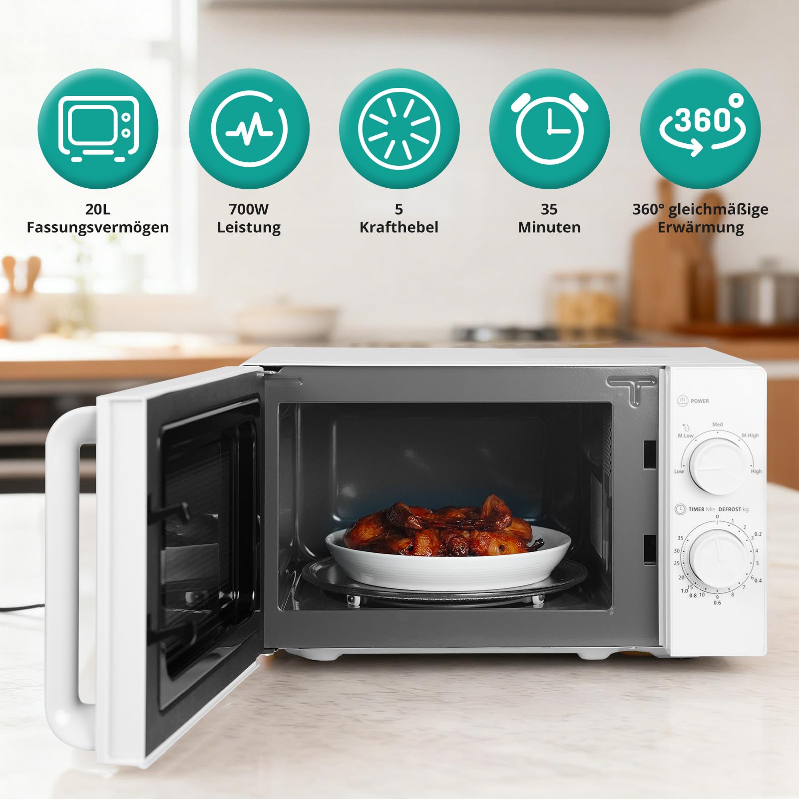 SMETA Mikrowelle 20L, Mikrowelle Klein 700W, 5 Leistungsstufen, Auftaufunktion nach Zeit und Gewicht, mechanische Steuerung, Solo mikrowellen mit 360°Drehteller Ø255 mm, für Küche und Büro, Weiß