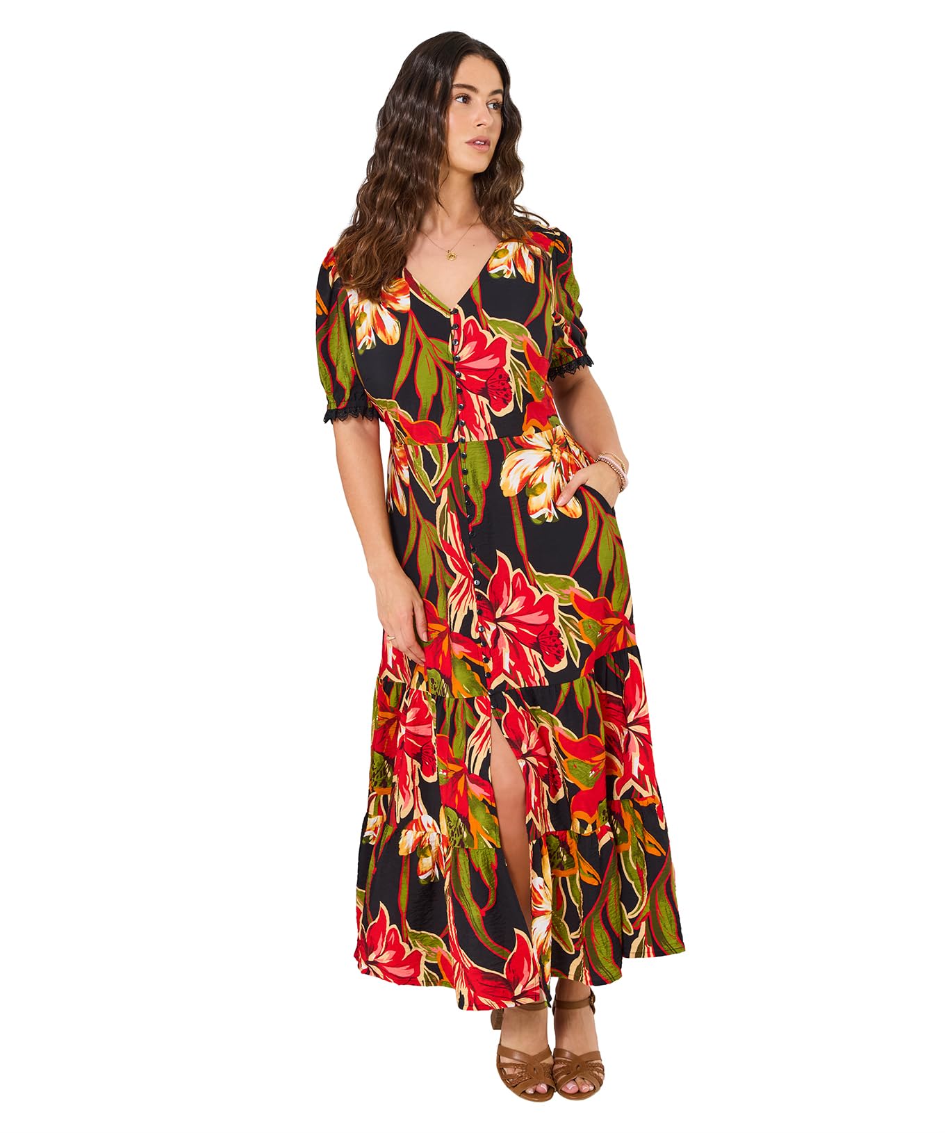 Joe Browns Women's V Neck Bold Floral Print Maxi Dress, Relaxed, Black, UK 14