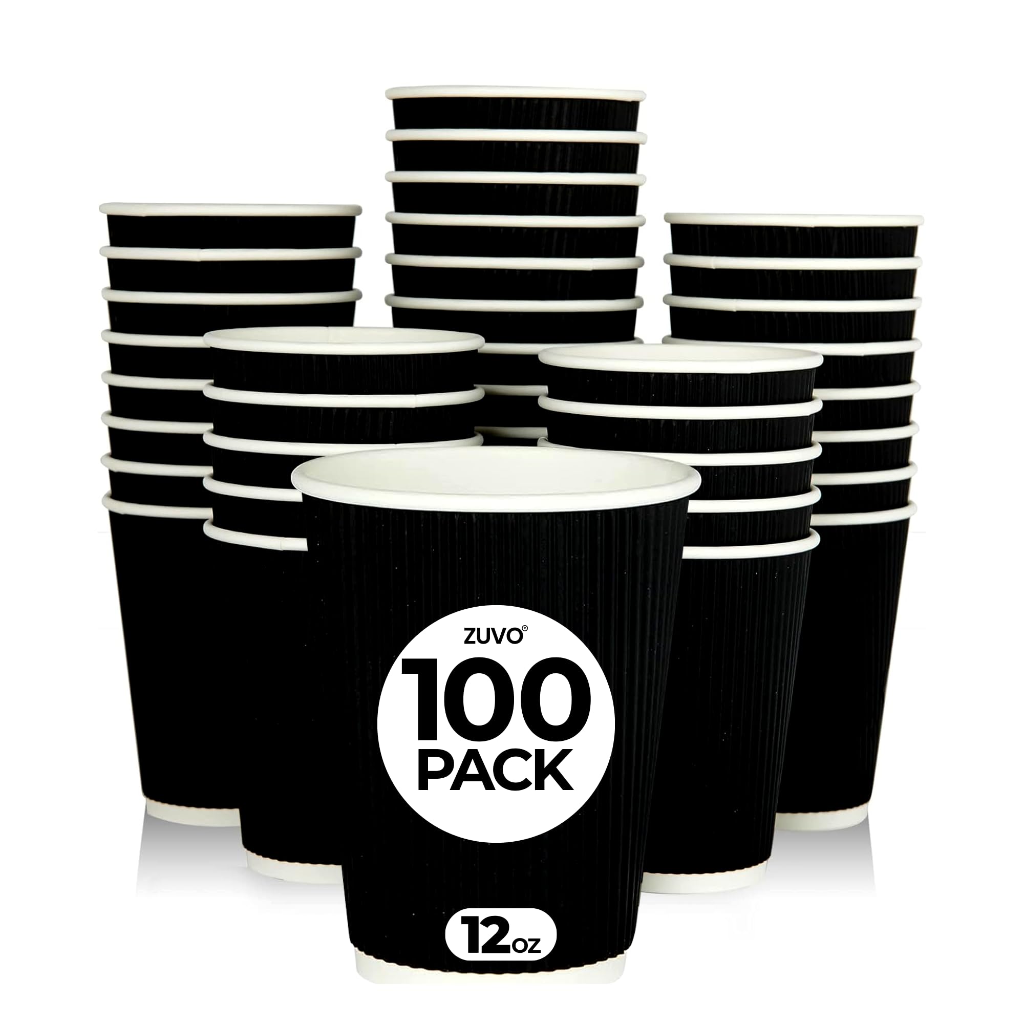 Zuvo Takeaway Coffee Cups 12 OZ - NO Lids - 100 Disposable Black Ripple Coffee Cups - Ideal for Takeaways