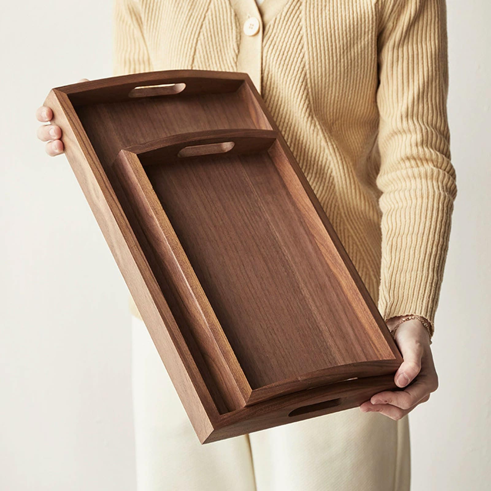 Taca do serwowania z drewna, prostokątna taca do serwowania z uchwytami, taca śniadaniowa, taca do serwowania posiłków z podniesionymi krawędziami (Rectangle/40x25x4.5cm)