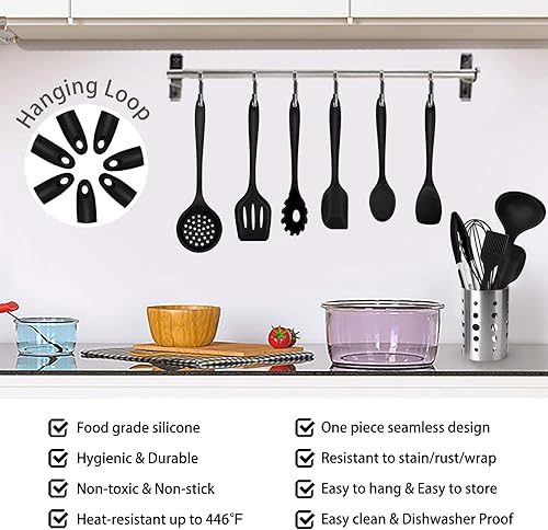 Miniatura 7 de TeamFar Utensilios de cocina de cocina, 11 piezas de utensilios de cocina de silicona negra, juego de espátulas resistentes al calor para utensilios