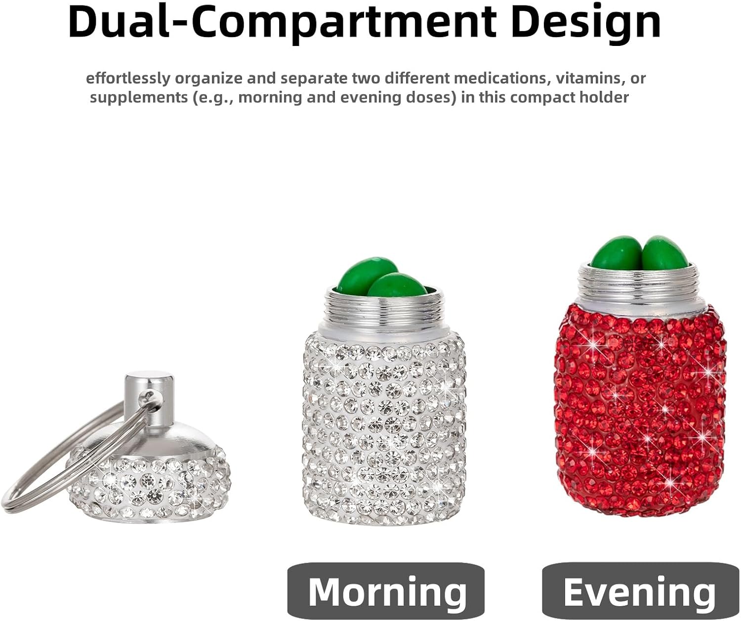 Dual-Compartment Small Pill Holder Keychain Bling Pill Container with Key Chain Travel Pill Organizer Medicine Box for Women (White+Red) image 2
