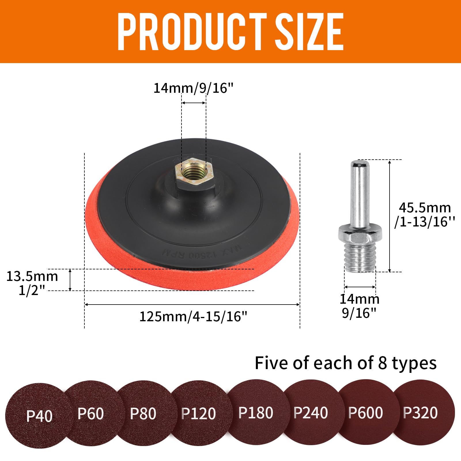 Schleifscheiben Sets winkelschleifer, 3 Stück 125mm Klett Polierteller Innenbohrung 40 Stück Schleifpapier Bohradapter M14 inkl Schaft - Winkelschleifer Zubehör