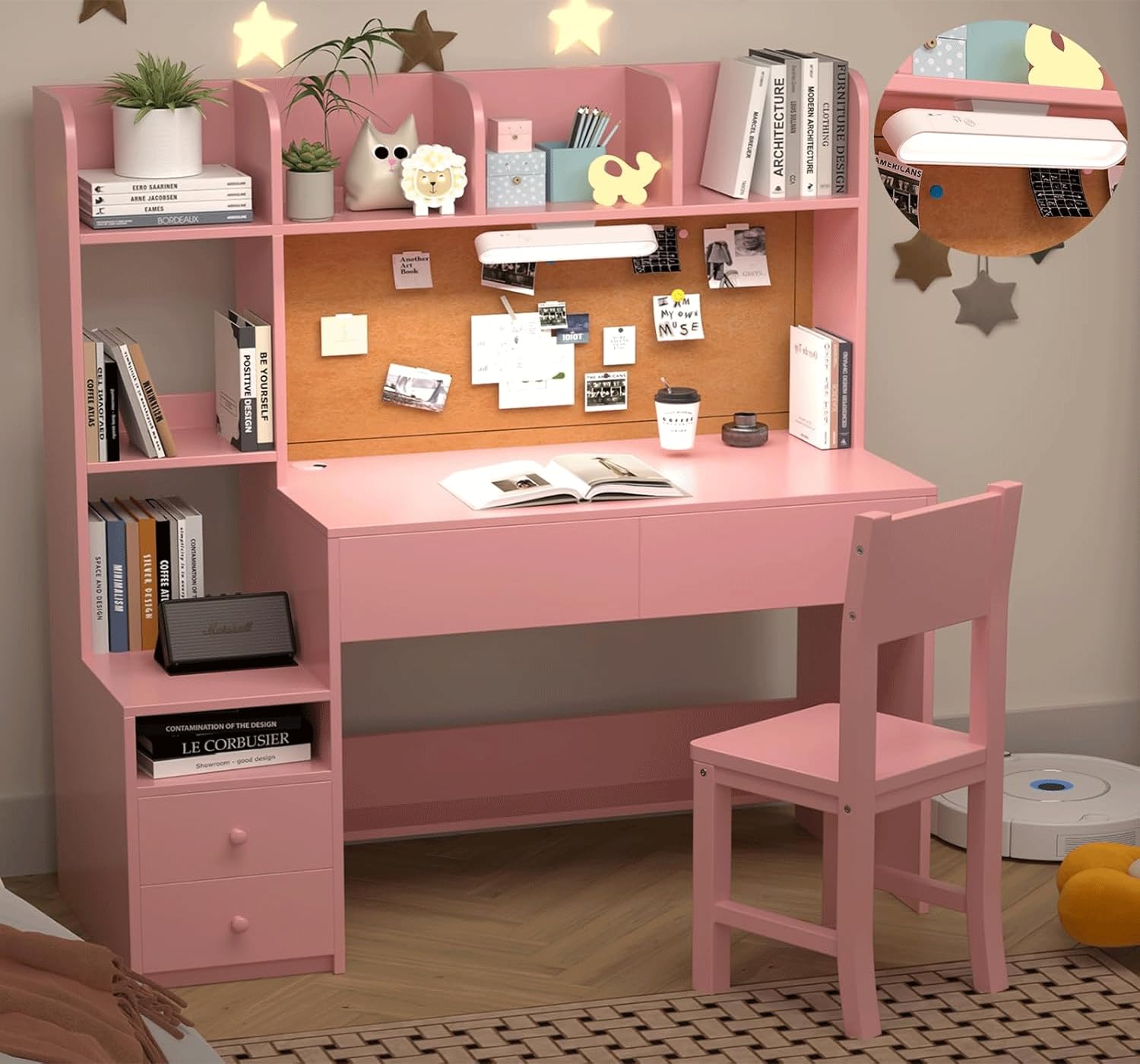 NKUGCFC 43 inch Kids Study Desk and Chair Set with Storage Hutch and LED Light, Pink Girls Desk with 4 Drawers for Child's Bedroom, Ideal for Homework