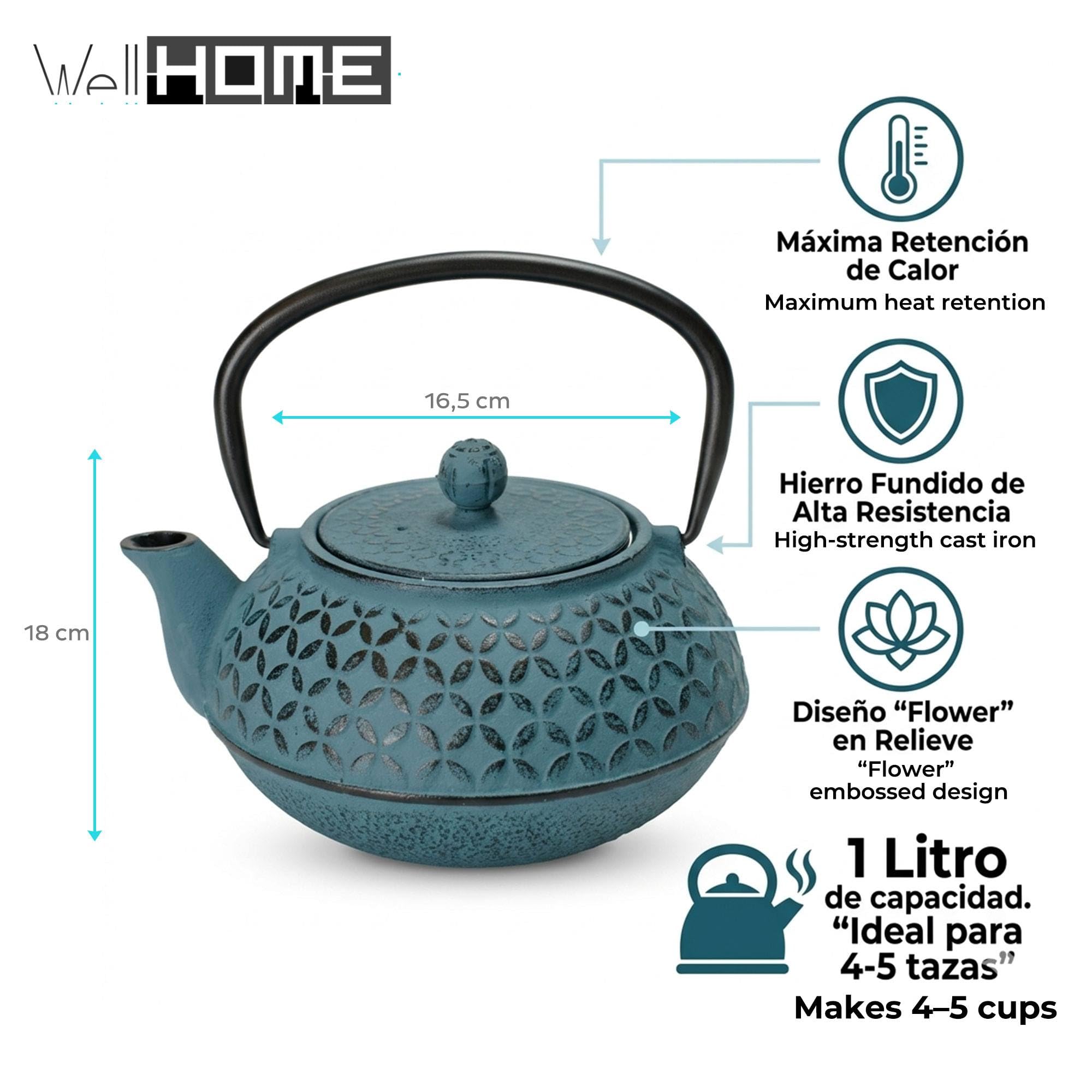 Well Home Tetera de hierro fundido azul Flower 1L, con filtro